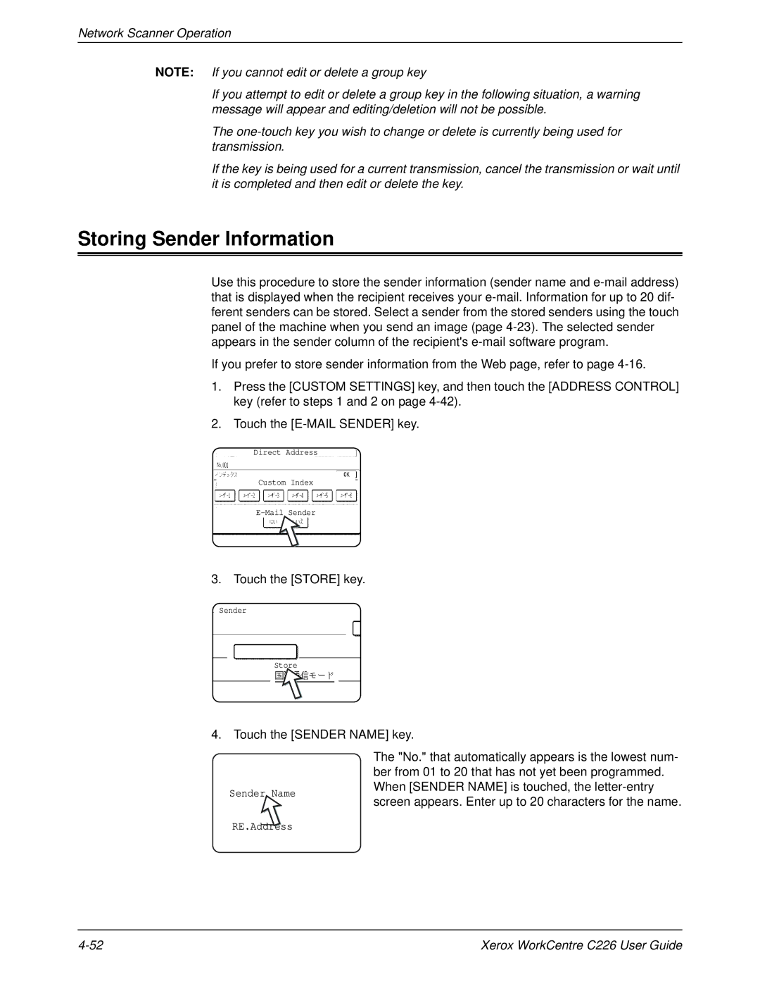 Xerox WorkCentre C226 manual Storing Sender Information, Touch the Store key, Touch the Sender Name key 