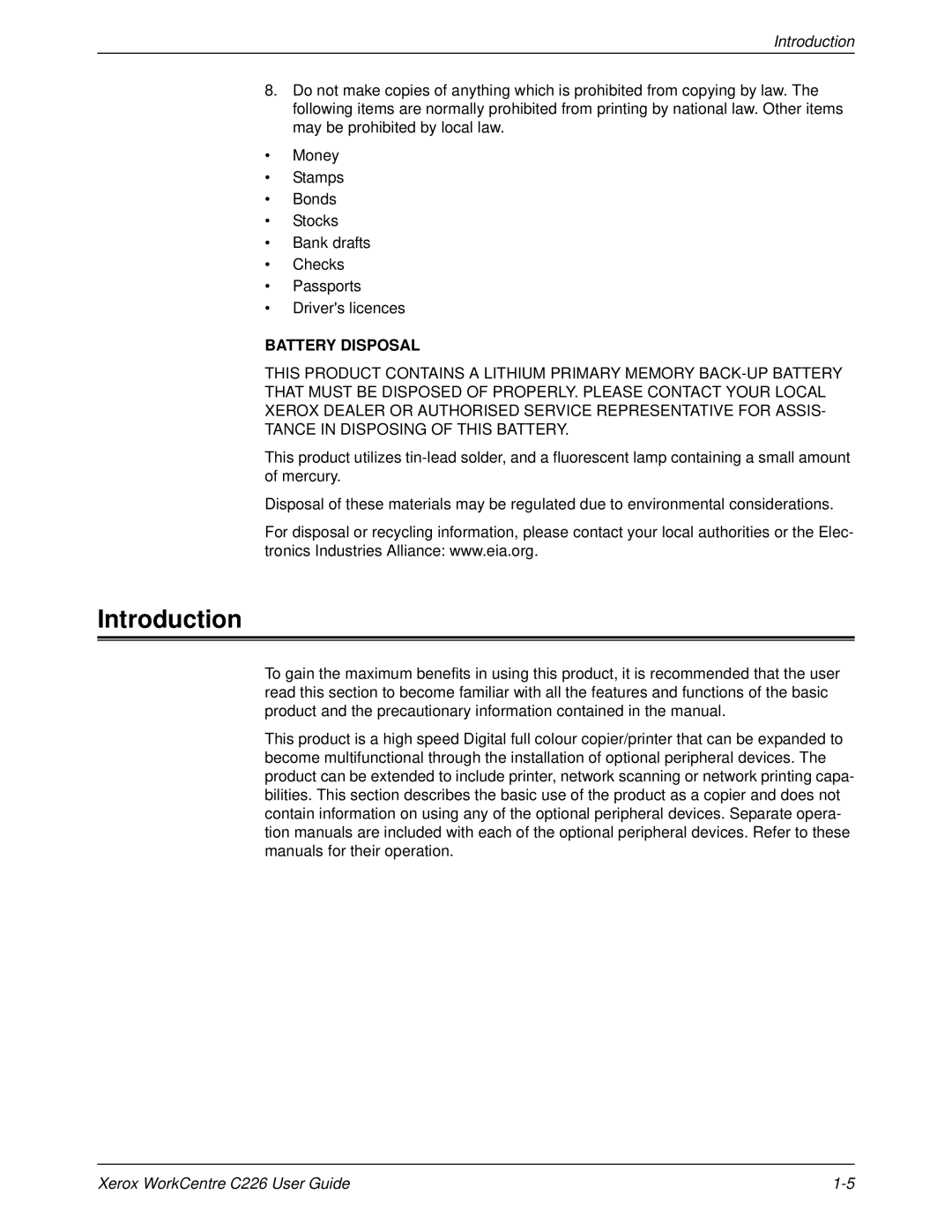 Xerox WorkCentre C226 manual Introduction 