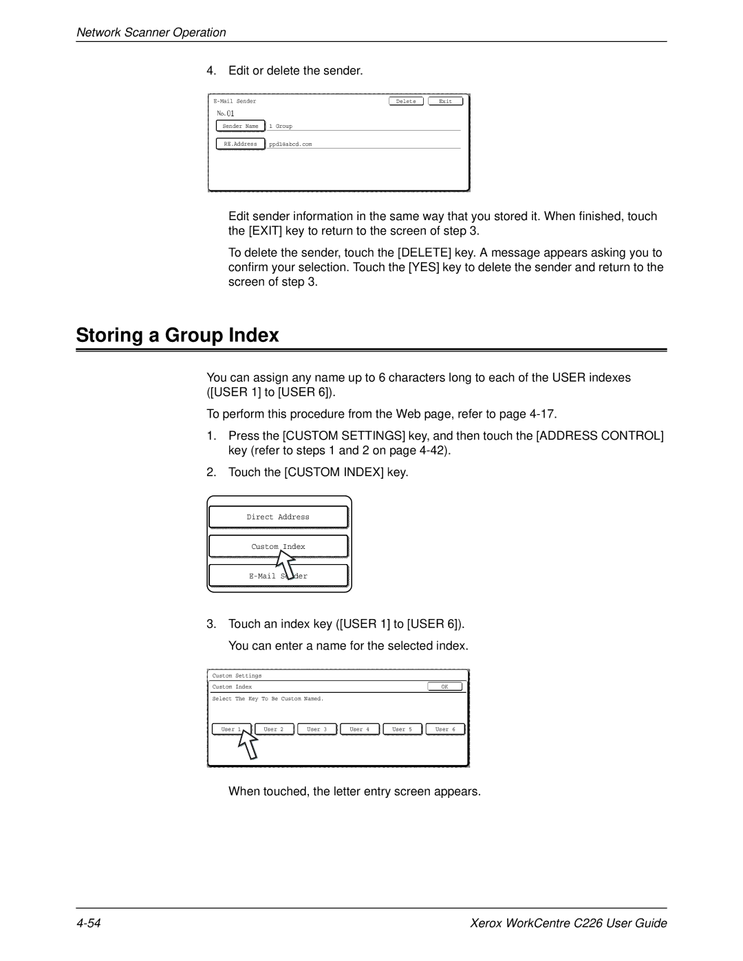 Xerox WorkCentre C226 Storing a Group Index, Edit or delete the sender, When touched, the letter entry screen appears 