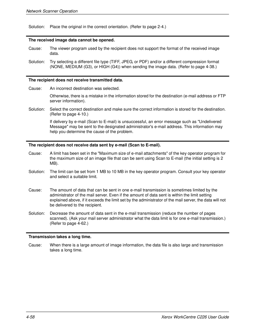 Xerox WorkCentre C226 manual Received image data cannot be opened, Recipient does not receive transmitted data 