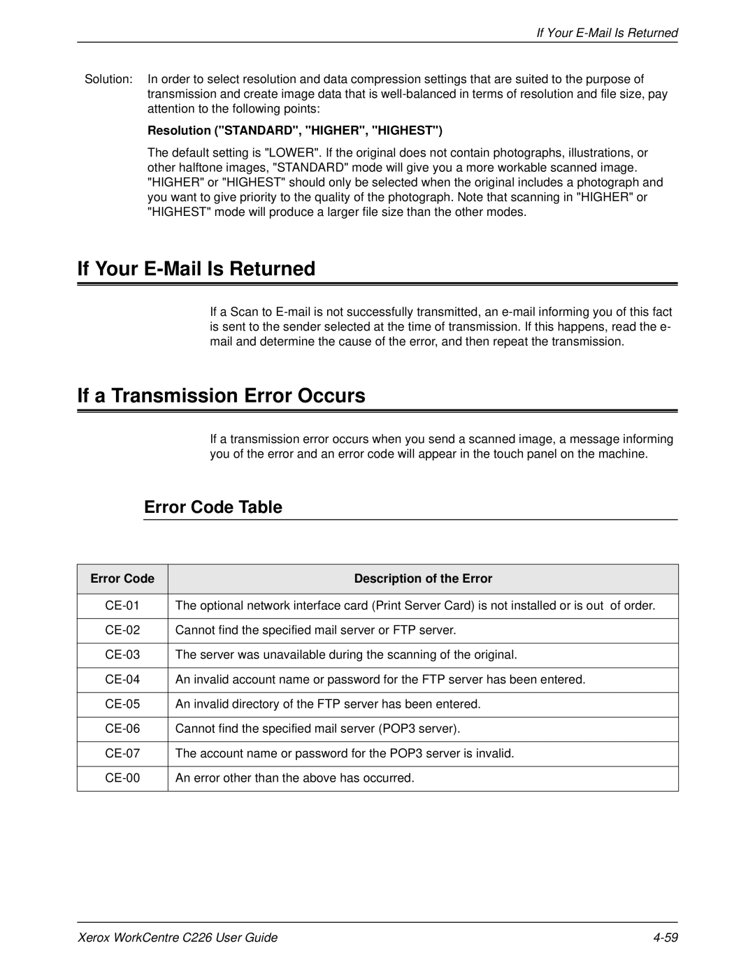 Xerox WorkCentre C226 manual If Your E-Mail Is Returned, If a Transmission Error Occurs, Error Code Table 