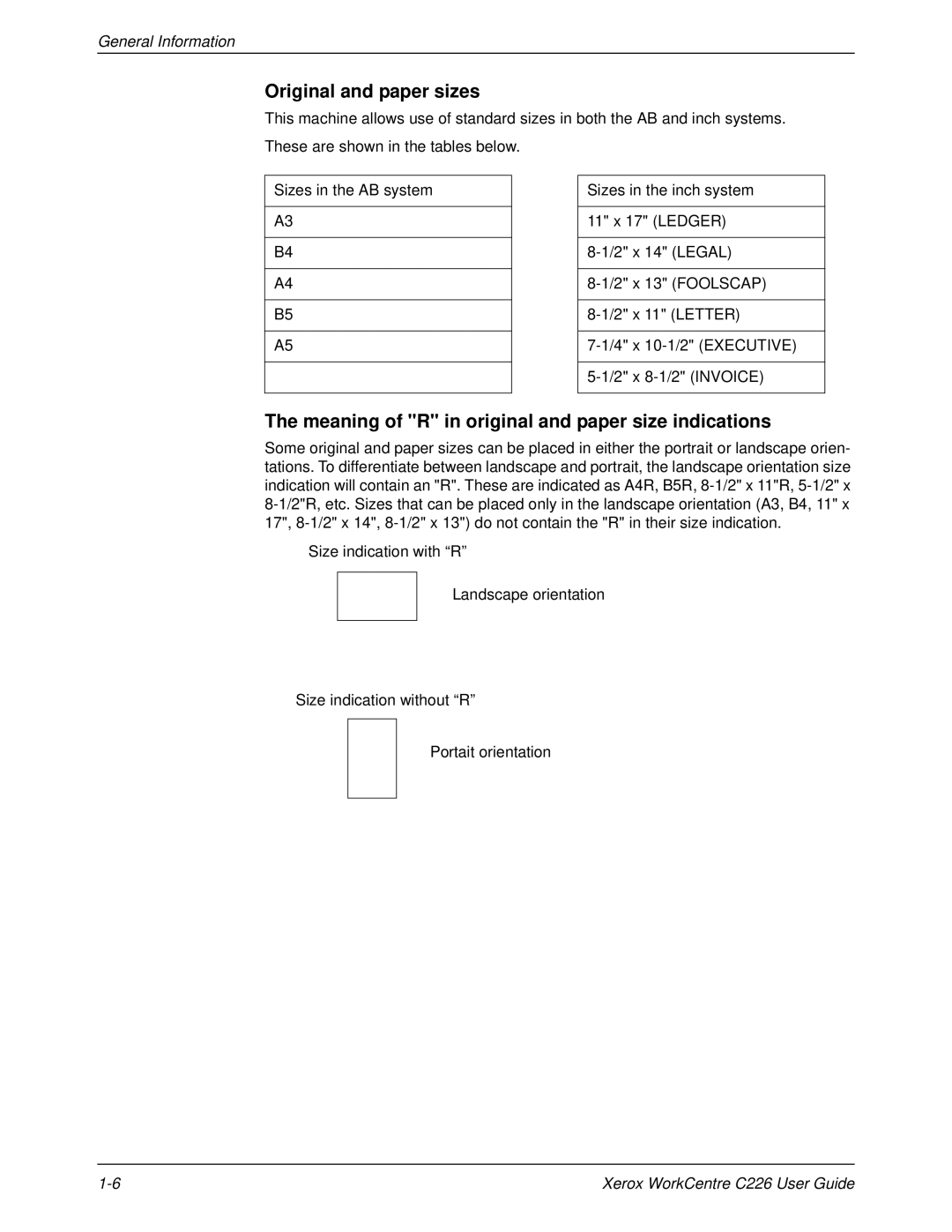 Xerox WorkCentre C226 manual Original and paper sizes, Meaning of R in original and paper size indications 