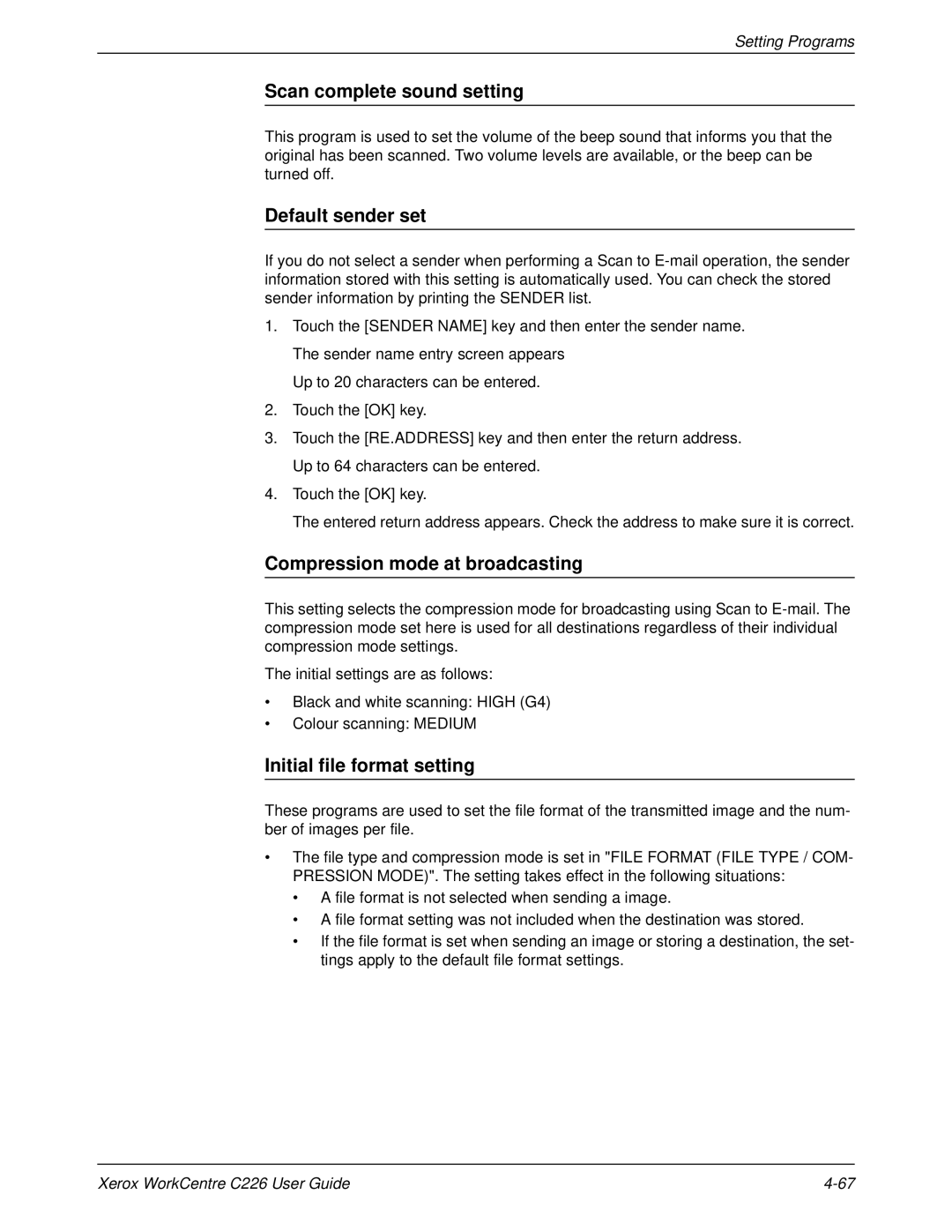 Xerox WorkCentre C226 manual Scan complete sound setting, Default sender set, Compression mode at broadcasting 