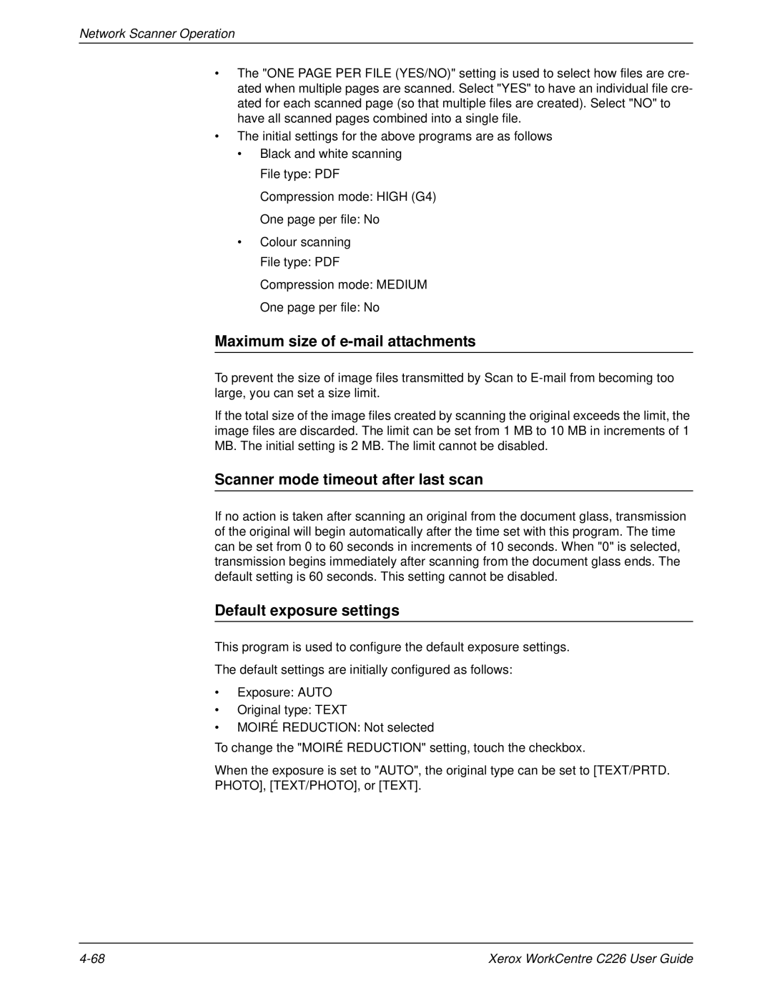 Xerox WorkCentre C226 Maximum size of e-mail attachments, Scanner mode timeout after last scan, Default exposure settings 