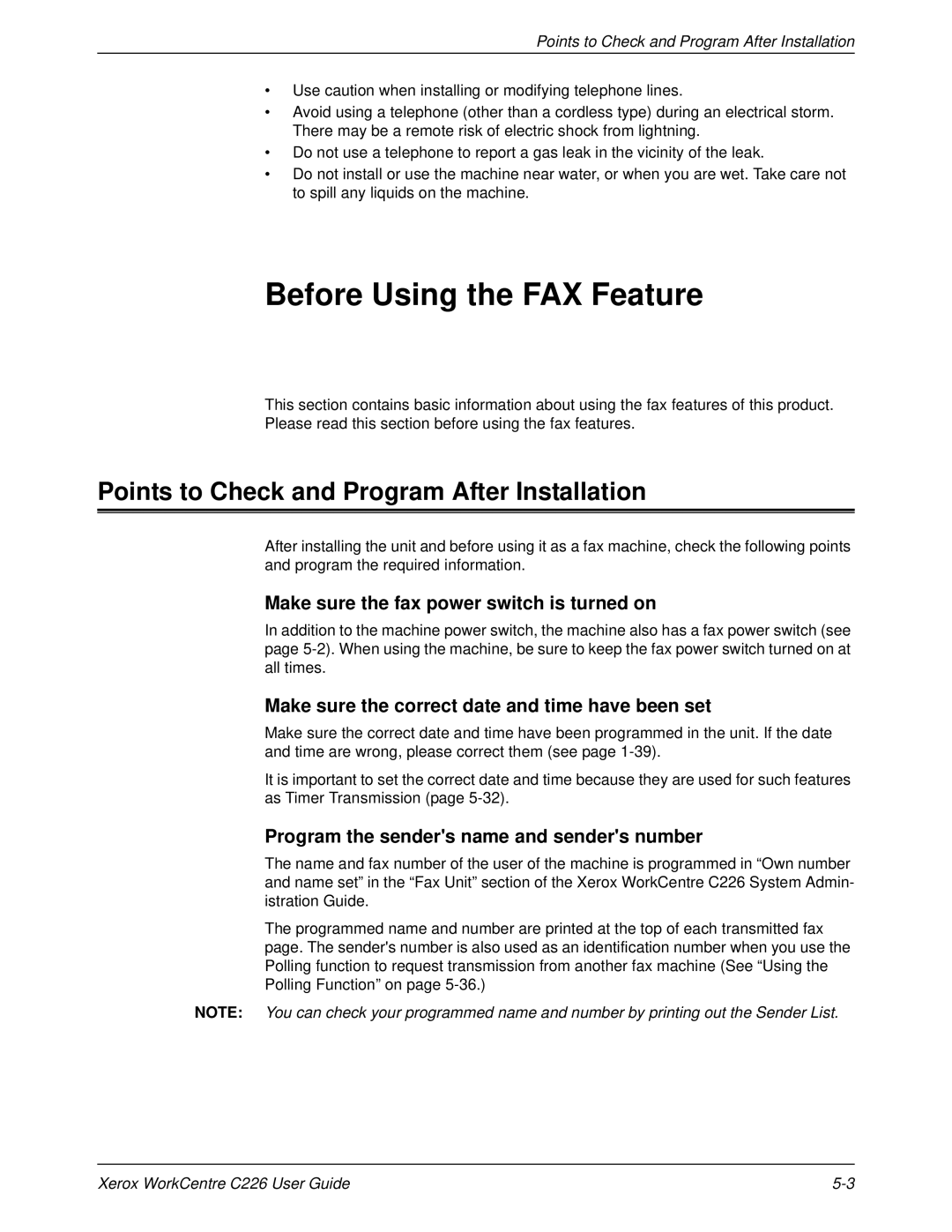 Xerox WorkCentre C226 manual Before Using the FAX Feature, Points to Check and Program After Installation 