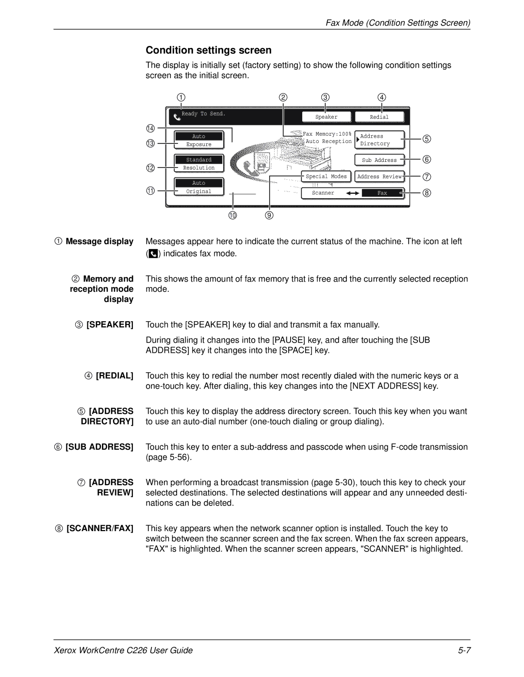 Xerox WorkCentre C226 manual Condition settings screen, Fax Mode Condition Settings Screen 