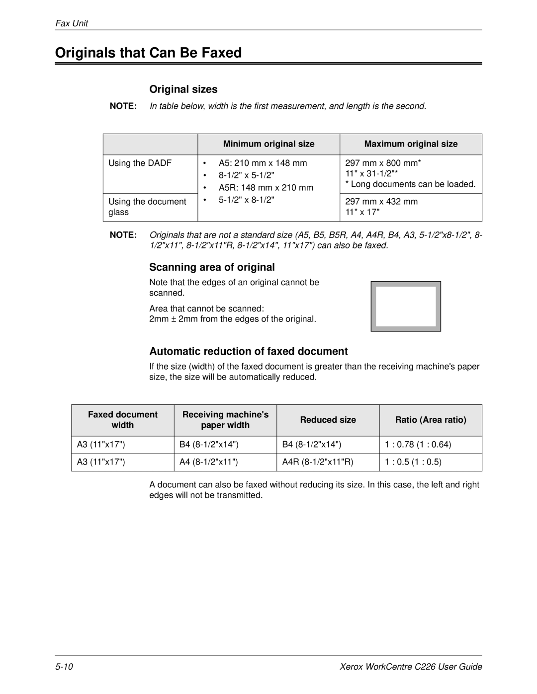 Xerox WorkCentre C226 manual Originals that Can Be Faxed, Original sizes, Scanning area of original 