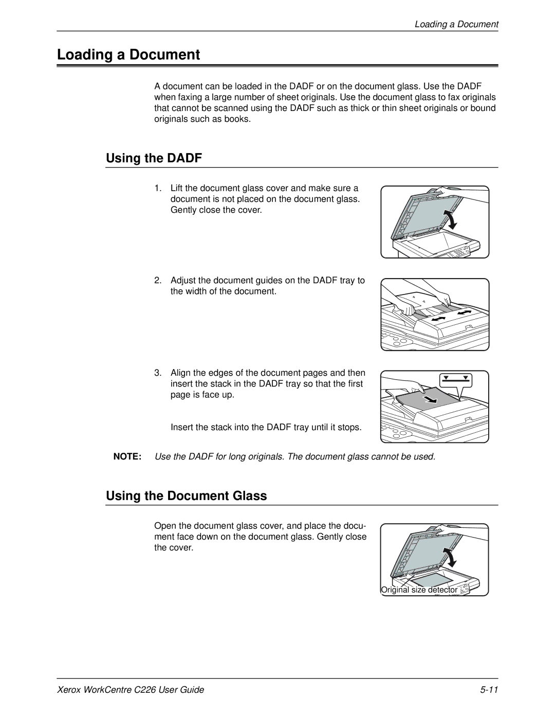 Xerox WorkCentre C226 manual Loading a Document, Using the Dadf, Using the Document Glass 