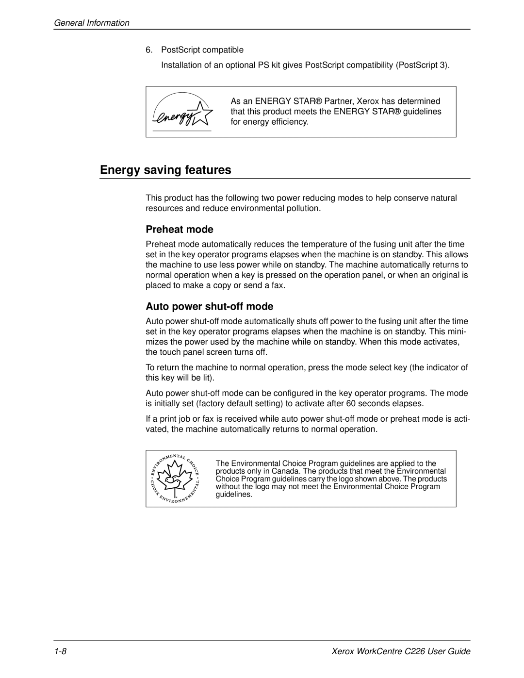 Xerox WorkCentre C226 manual Energy saving features, Preheat mode, Auto power shut-off mode 