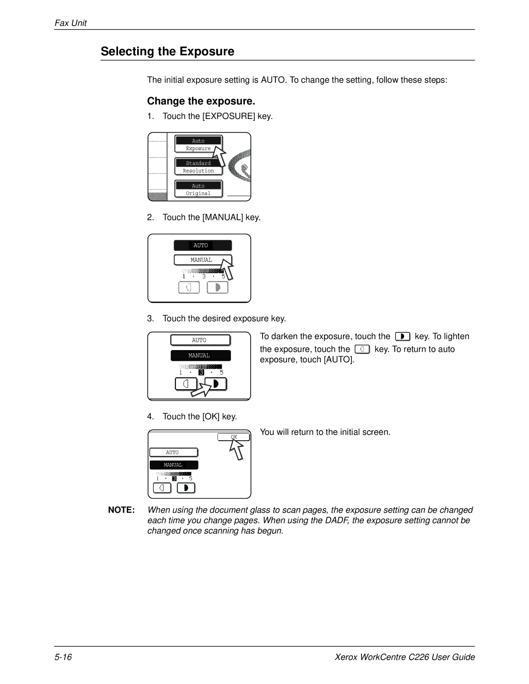 Xerox WorkCentre C226 manual Selecting the Exposure, Change the exposure, Exposure, touch Key. To return to auto 