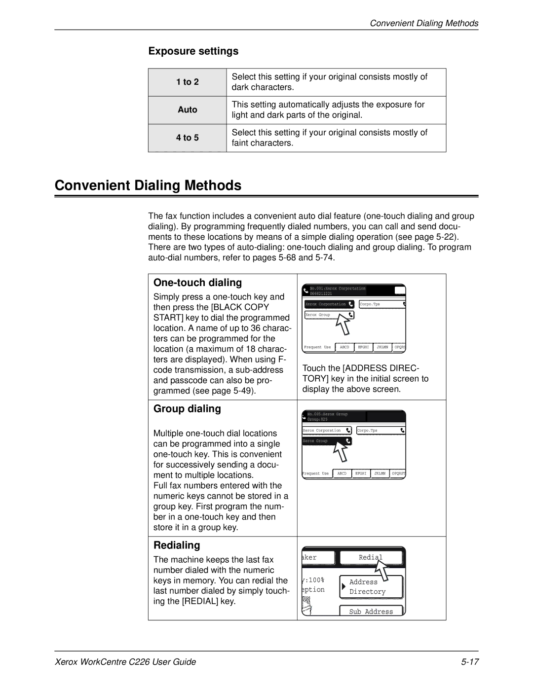 Xerox WorkCentre C226 manual Convenient Dialing Methods, Exposure settings, One-touch dialing, Group dialing, Redialing 