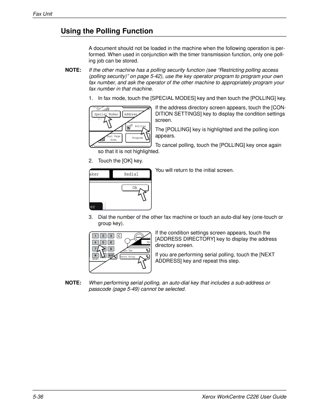 Xerox WorkCentre C226 manual Using the Polling Function, Polling key is highlighted and the polling icon appears 