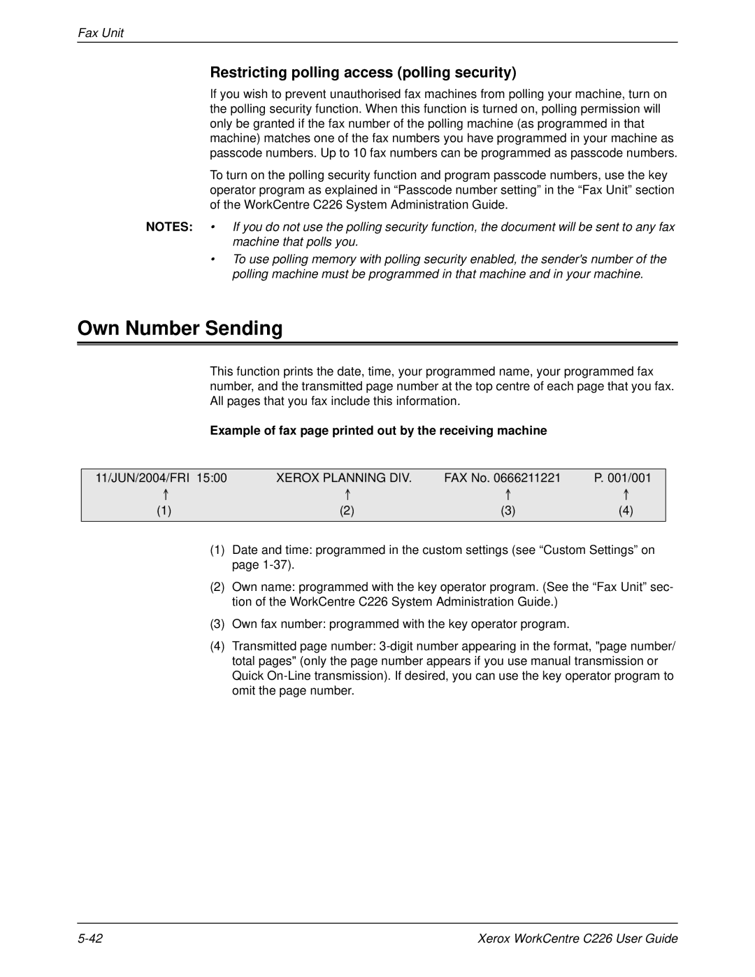 Xerox WorkCentre C226 manual Own Number Sending, Restricting polling access polling security, 11/JUN/2004/FRI 