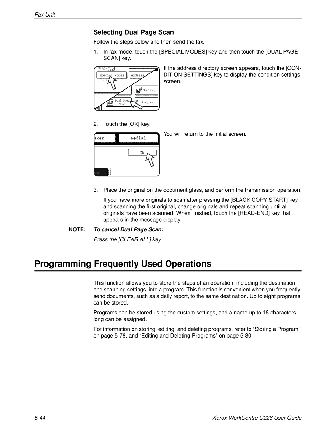 Xerox WorkCentre C226 manual Programming Frequently Used Operations, Selecting Dual Page Scan, Press the Clear ALL key 