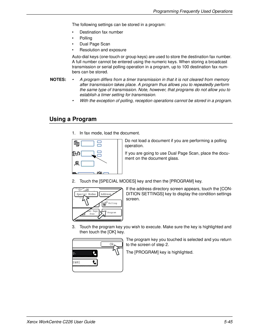 Xerox WorkCentre C226 manual Using a Program, Programming Frequently Used Operations 