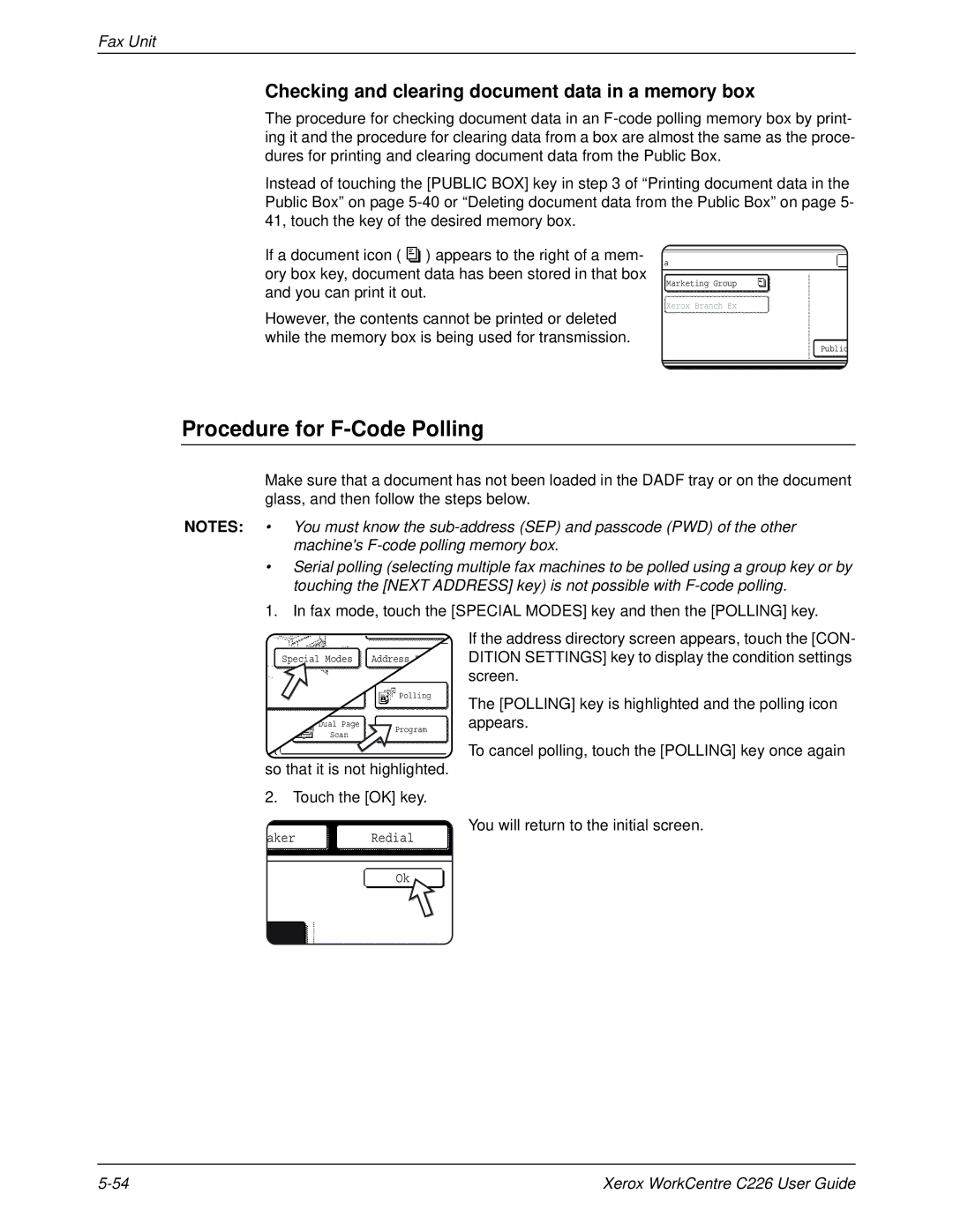 Xerox WorkCentre C226 manual Procedure for F-Code Polling, Checking and clearing document data in a memory box 