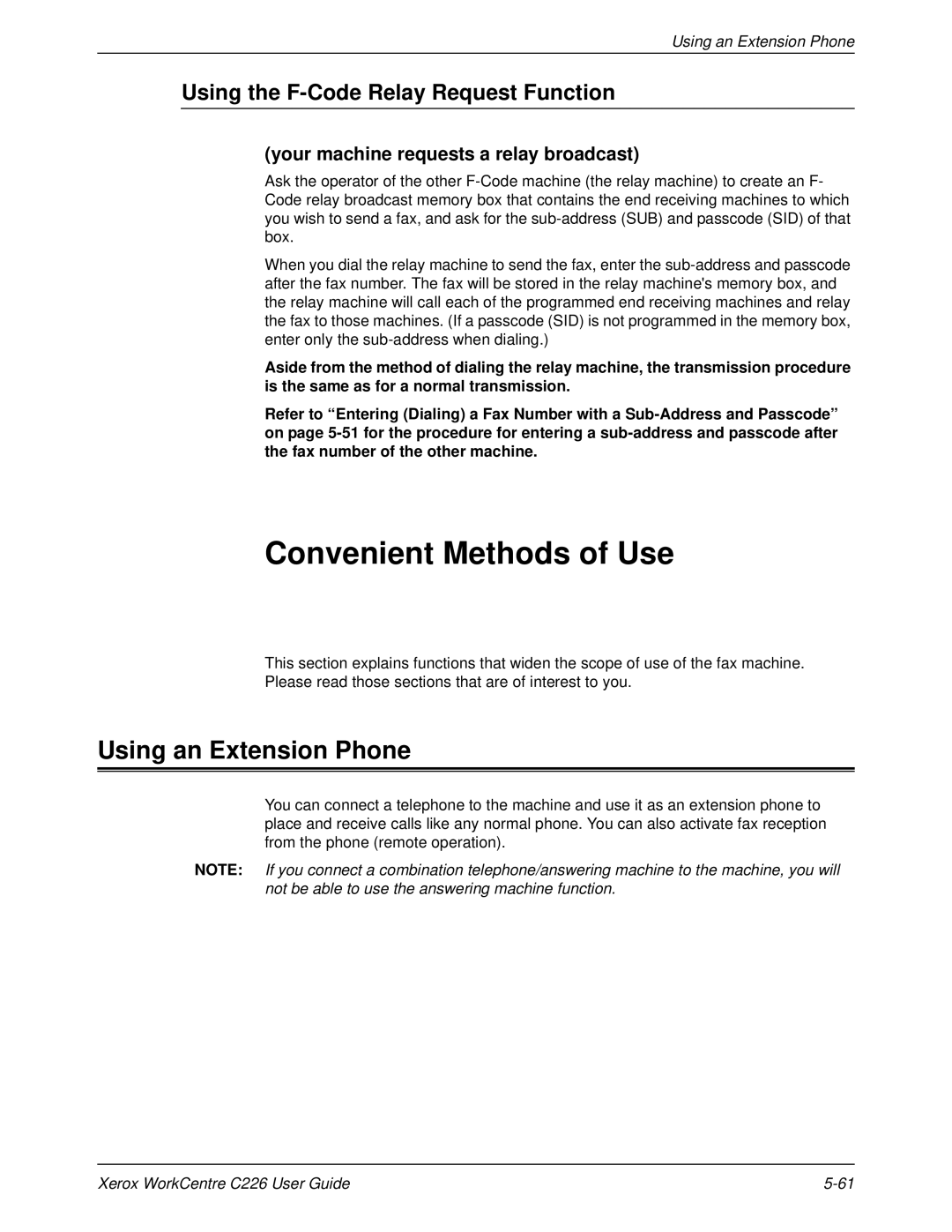 Xerox WorkCentre C226 manual Convenient Methods of Use, Using an Extension Phone, Using the F-Code Relay Request Function 