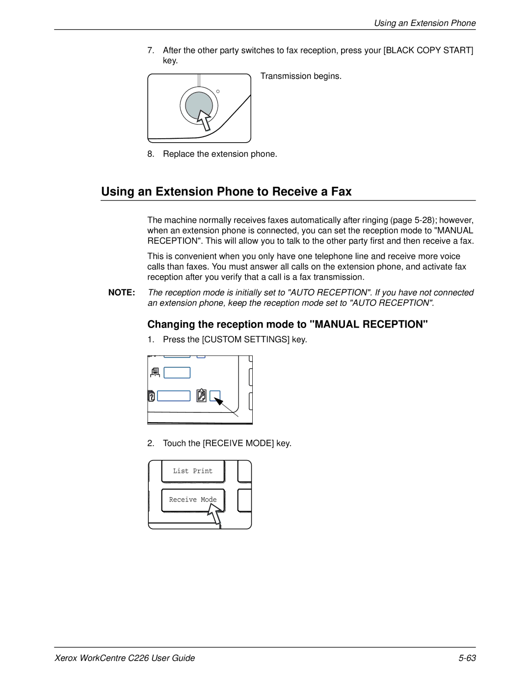 Xerox WorkCentre C226 manual Using an Extension Phone to Receive a Fax, Changing the reception mode to Manual Reception 