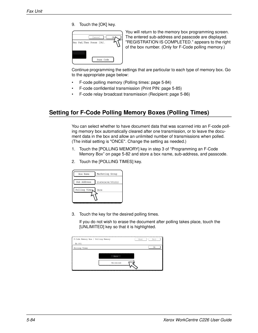 Xerox WorkCentre C226 manual Setting for F-Code Polling Memory Boxes Polling Times, Touch the OK key 