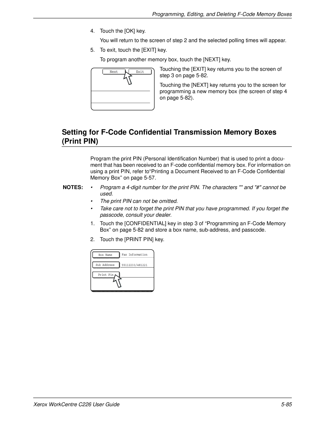 Xerox WorkCentre C226 manual Next Exit 