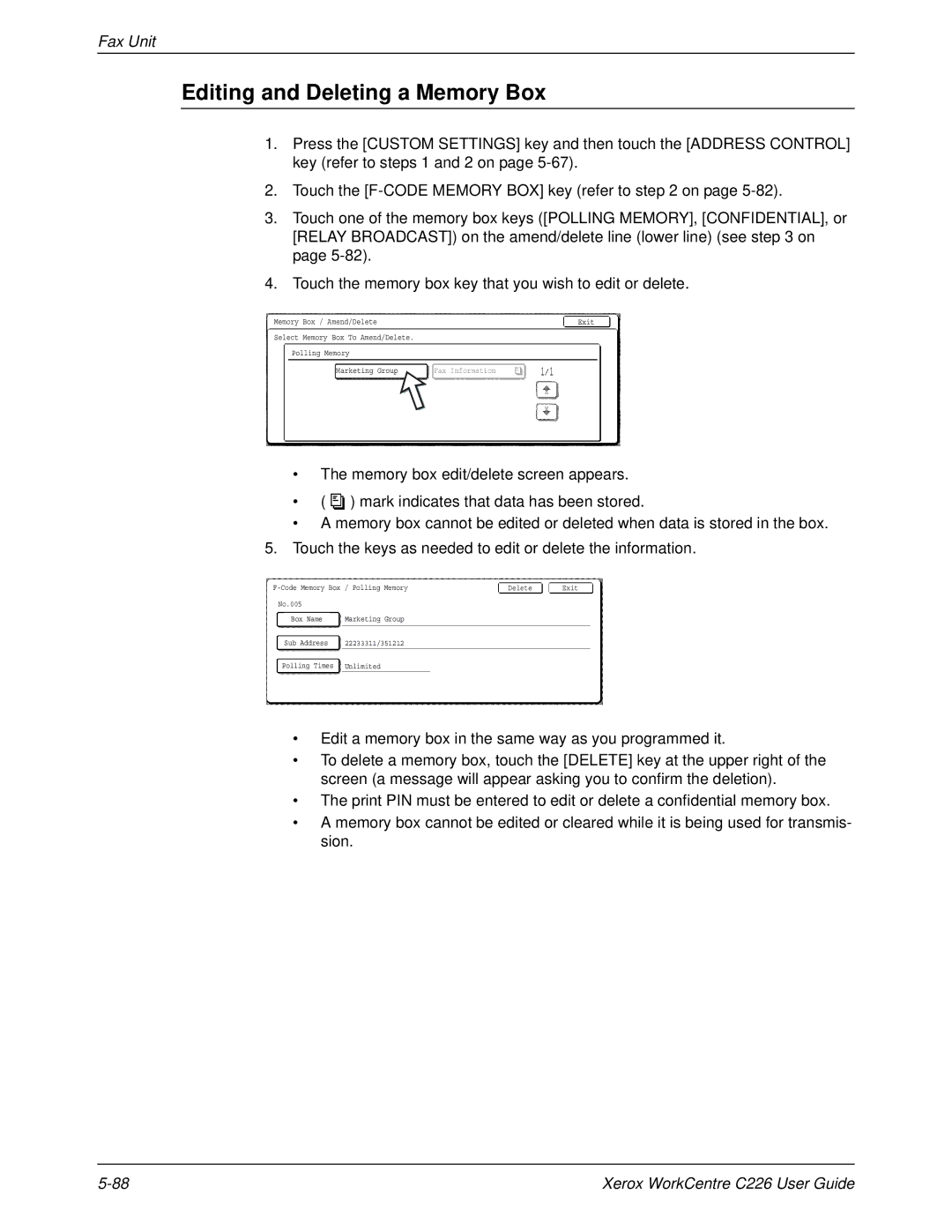 Xerox WorkCentre C226 manual Editing and Deleting a Memory Box 