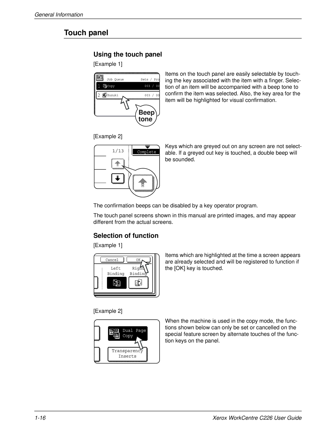 Xerox WorkCentre C226 manual Touch panel, Using the touch panel, Beep tone, Selection of function, Example 