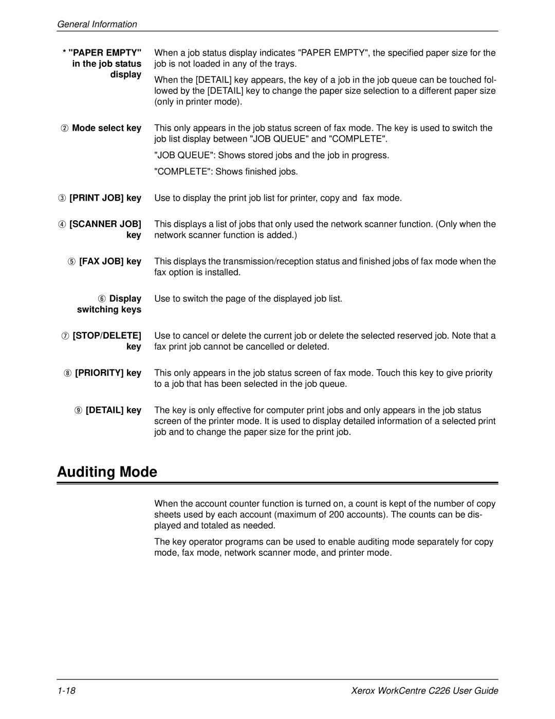 Xerox WorkCentre C226 manual Auditing Mode, Paper Empty in the job status display 