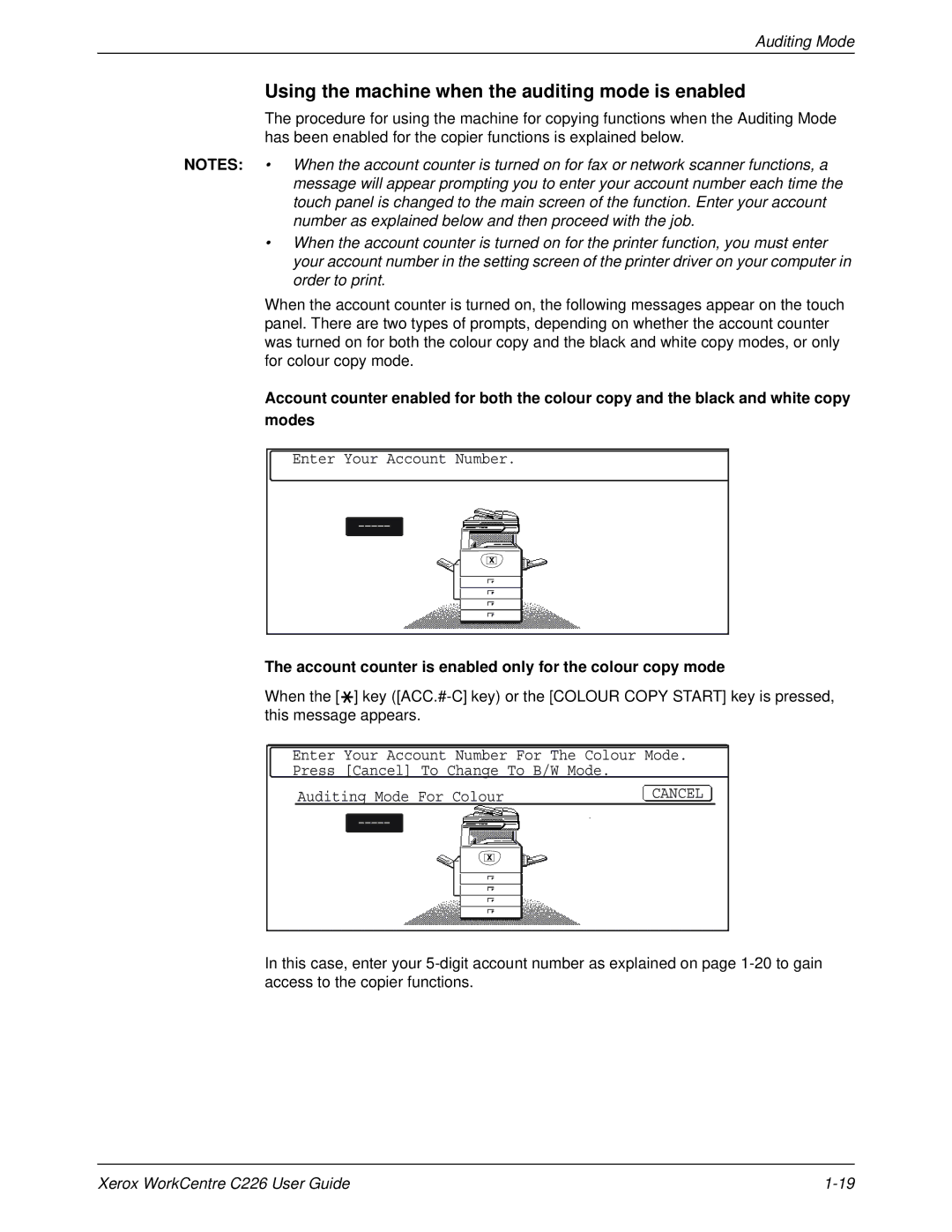 Xerox WorkCentre C226 manual Using the machine when the auditing mode is enabled, Auditing Mode 