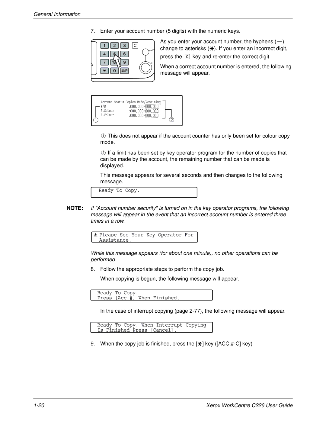 Xerox WorkCentre C226 manual Ready To Copy Please See Your Key Operator For Assistance 