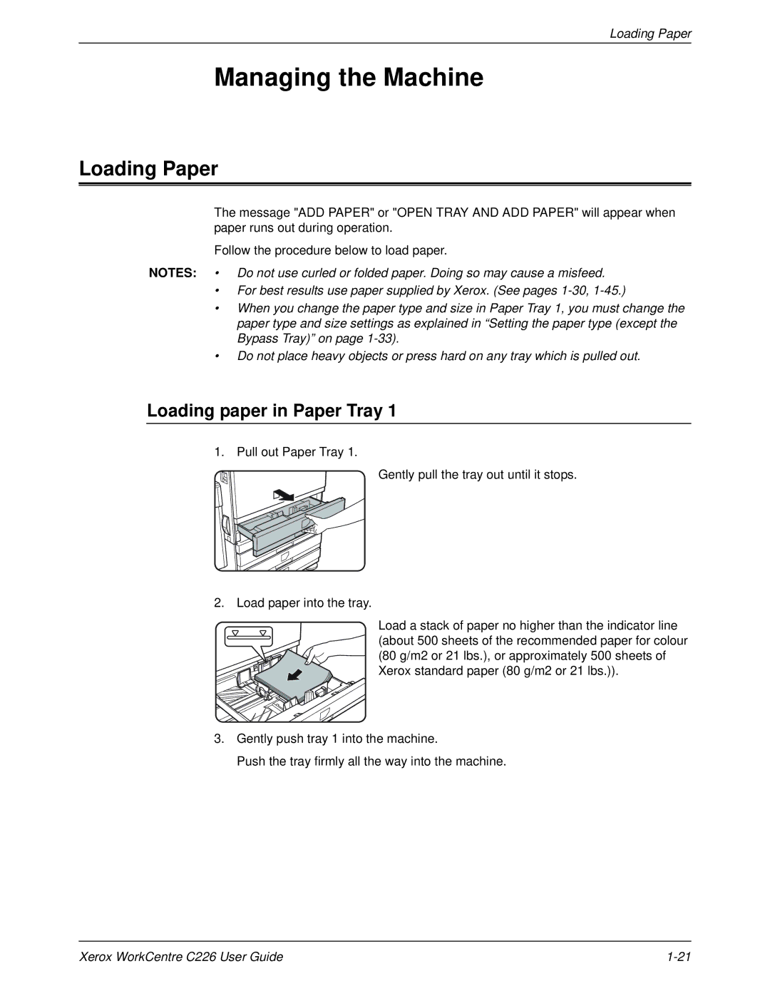 Xerox WorkCentre C226 manual Managing the Machine, Loading Paper, Loading paper in Paper Tray 