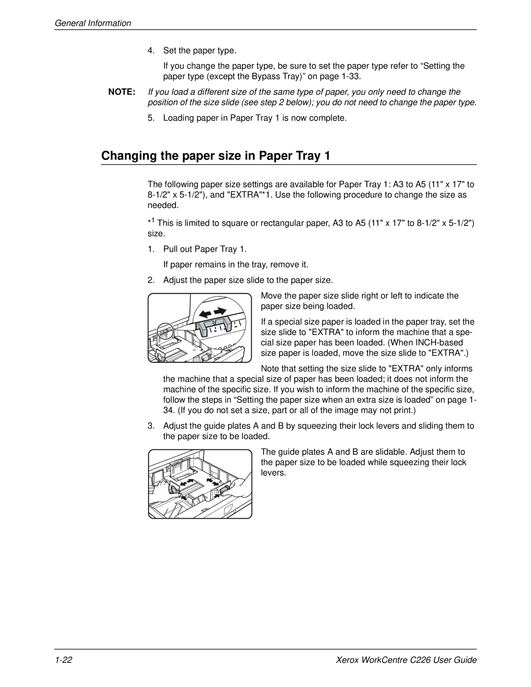 Xerox WorkCentre C226 manual Changing the paper size in Paper Tray 