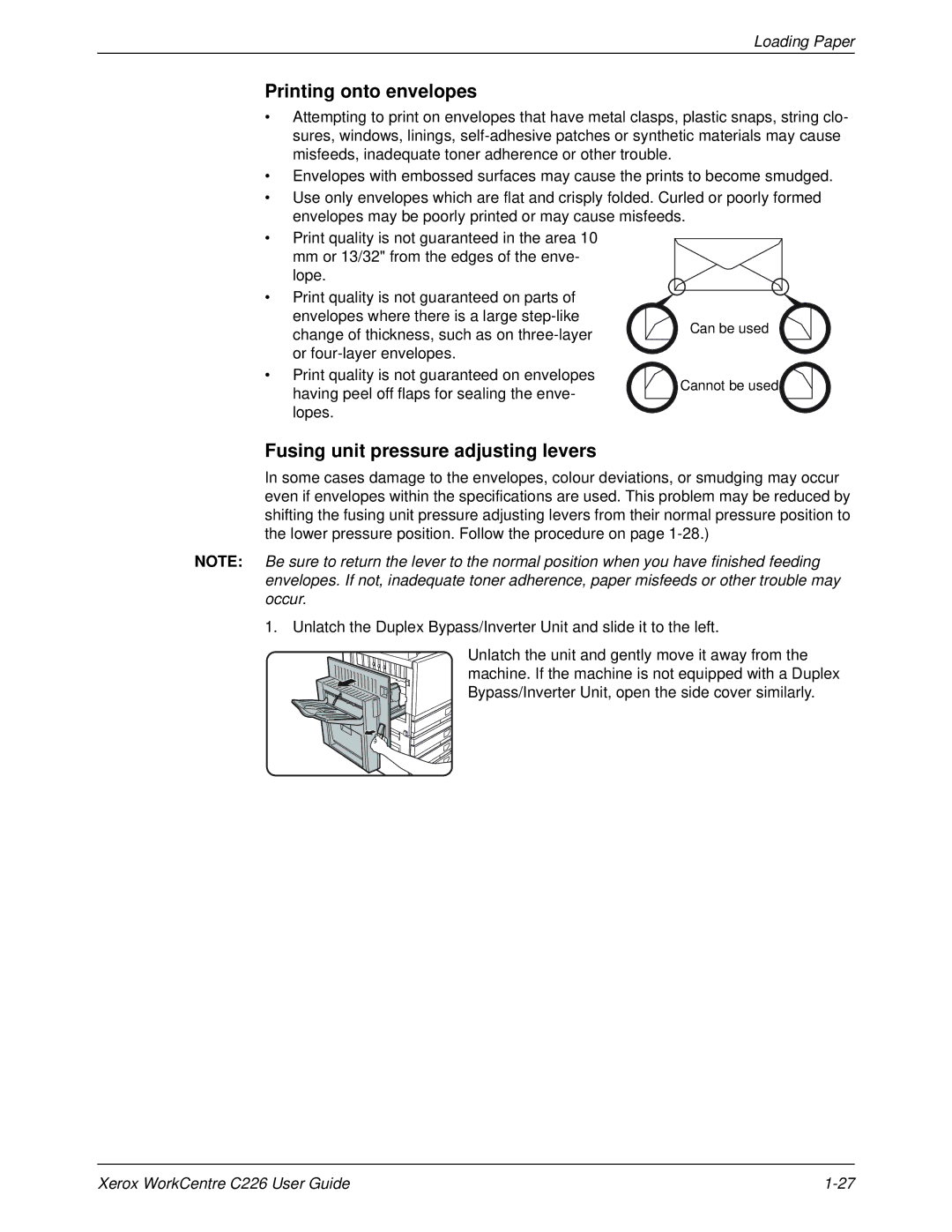 Xerox WorkCentre C226 manual Printing onto envelopes, Fusing unit pressure adjusting levers 