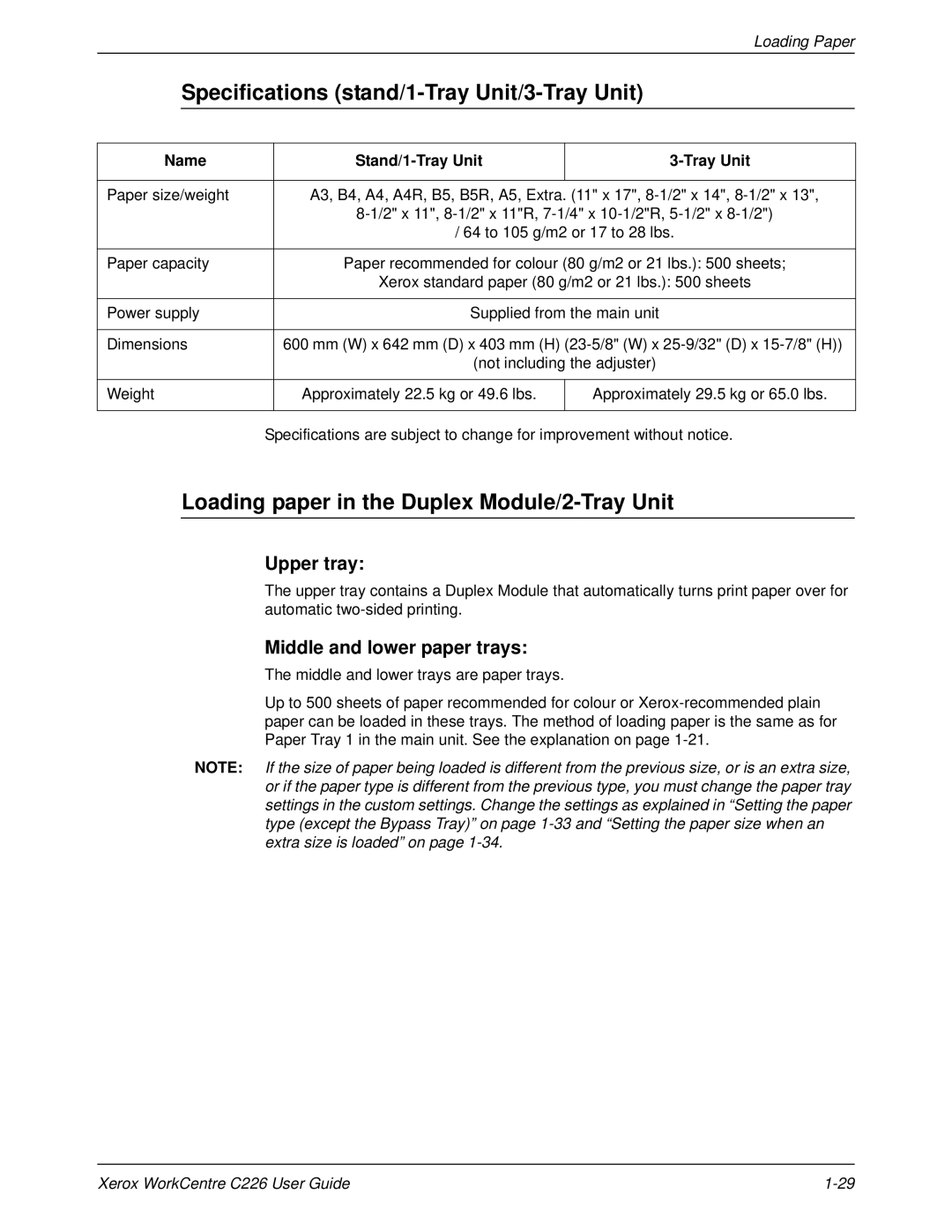 Xerox WorkCentre C226 manual Specifications stand/1-Tray Unit/3-Tray Unit, Loading paper in the Duplex Module/2-Tray Unit 