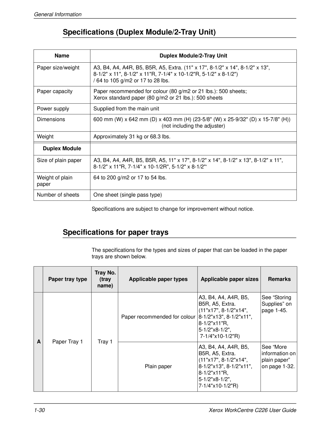 Xerox WorkCentre C226 manual Specifications Duplex Module/2-Tray Unit, Specifications for paper trays 