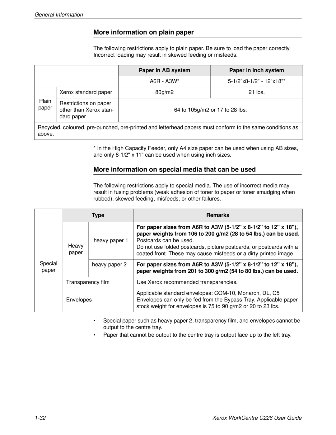 Xerox WorkCentre C226 manual More information on plain paper, More information on special media that can be used 