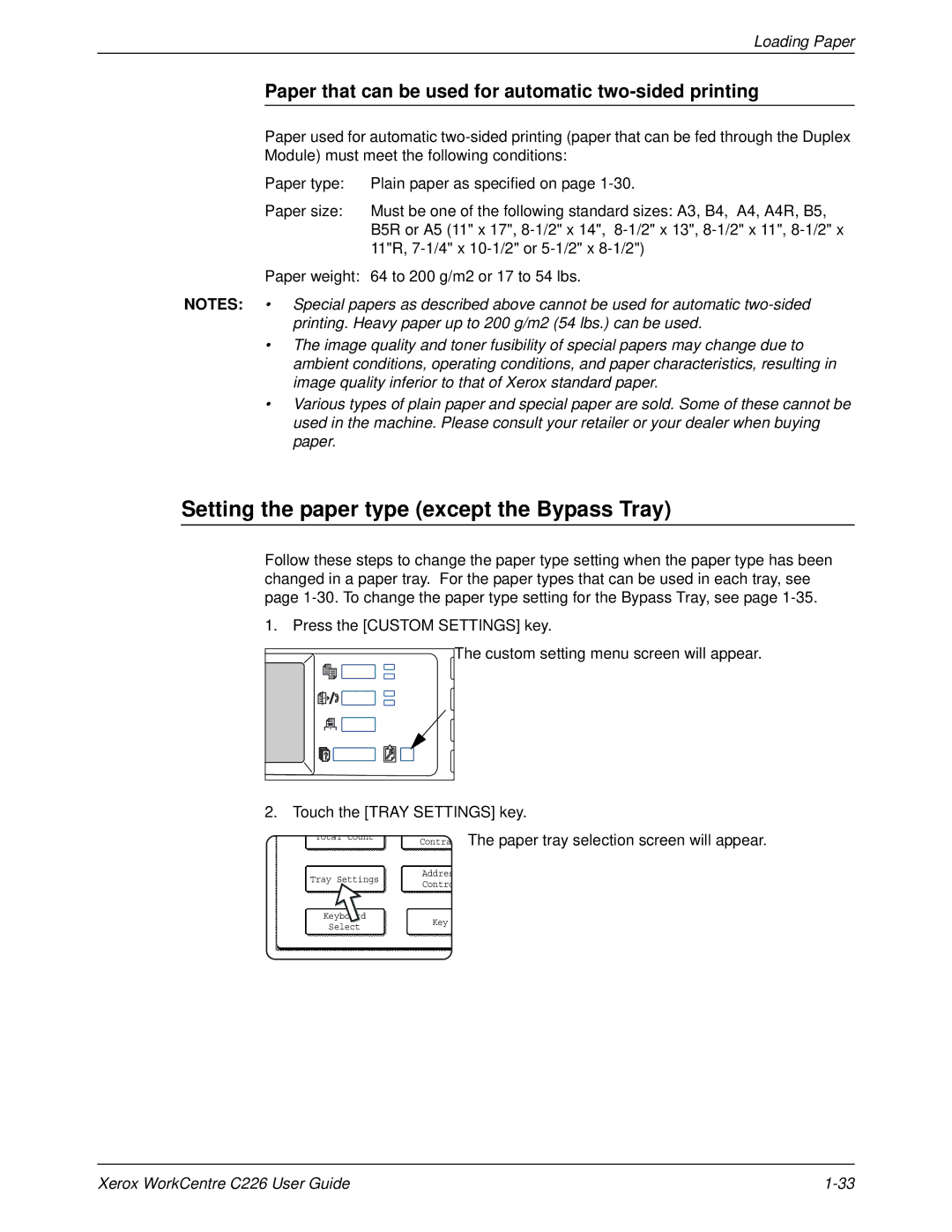 Xerox WorkCentre C226 manual Setting the paper type except the Bypass Tray, Paper tray selection screen will appear 