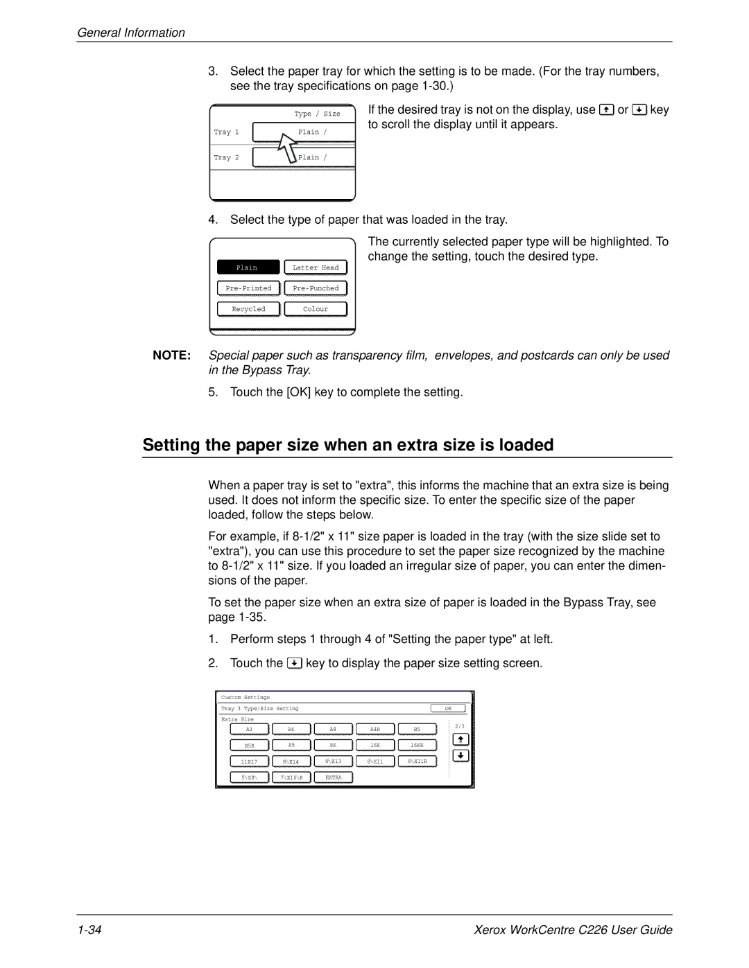 Xerox WorkCentre C226 manual Setting the paper size when an extra size is loaded, Touch the OK key to complete the setting 