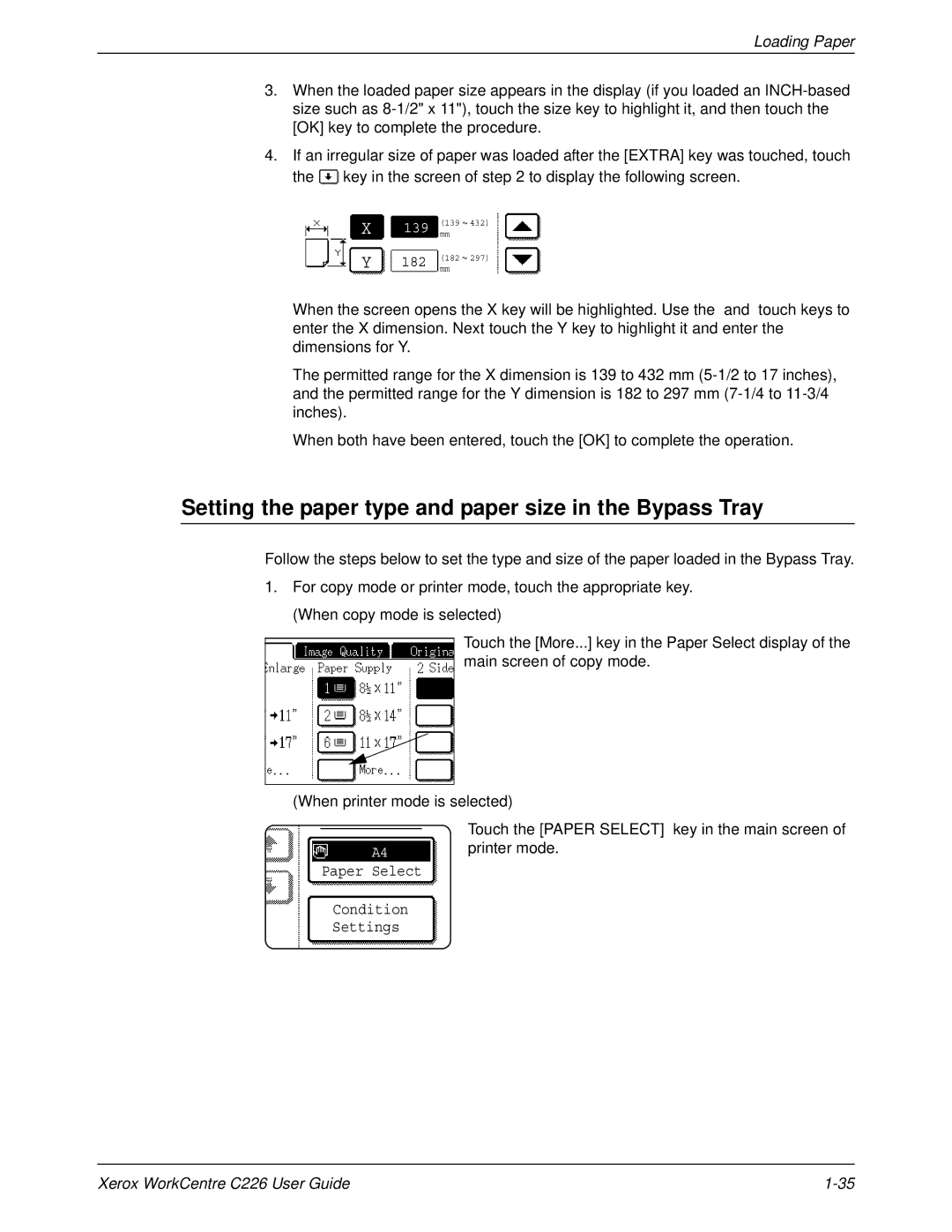 Xerox WorkCentre C226 manual Setting the paper type and paper size in the Bypass Tray 