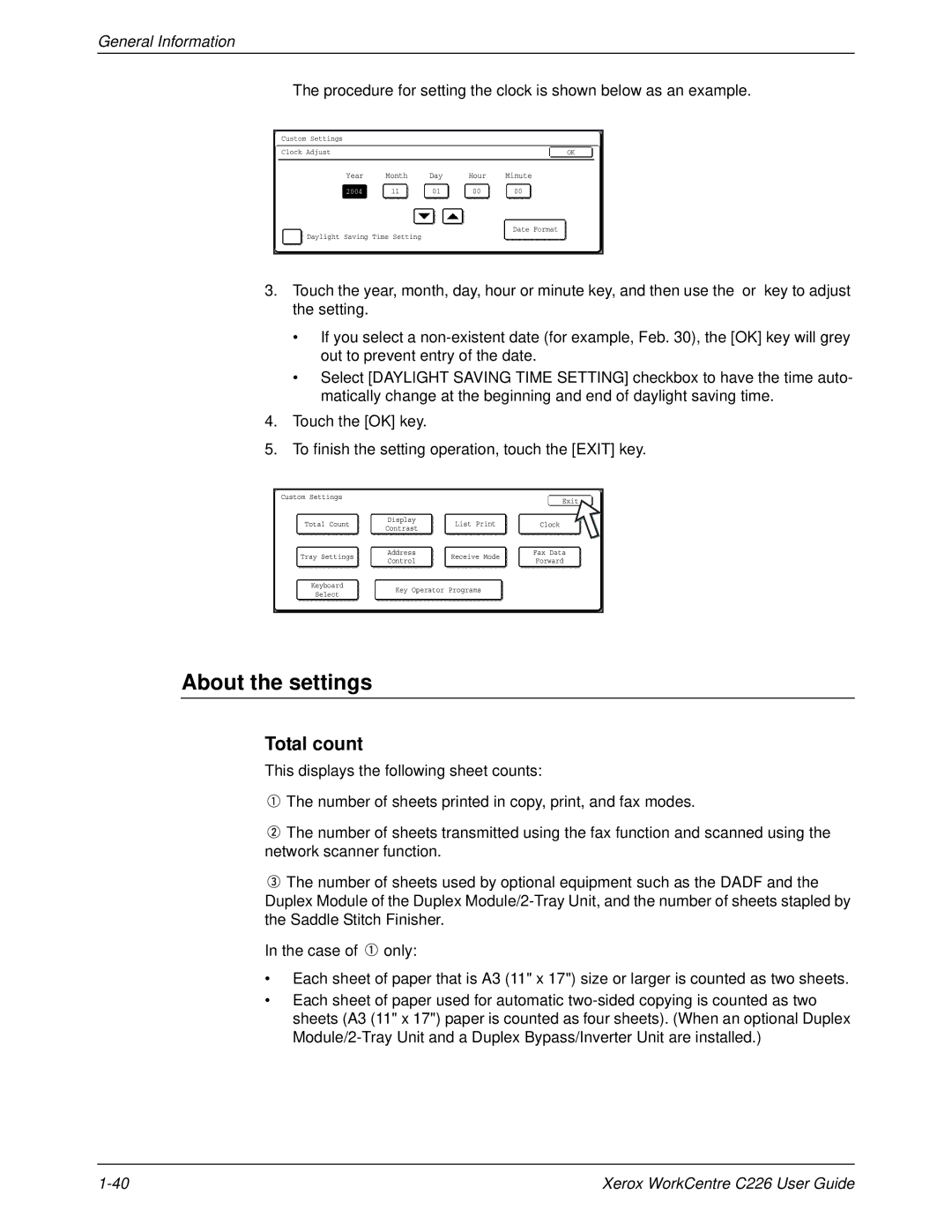 Xerox WorkCentre C226 manual About the settings, Total count 