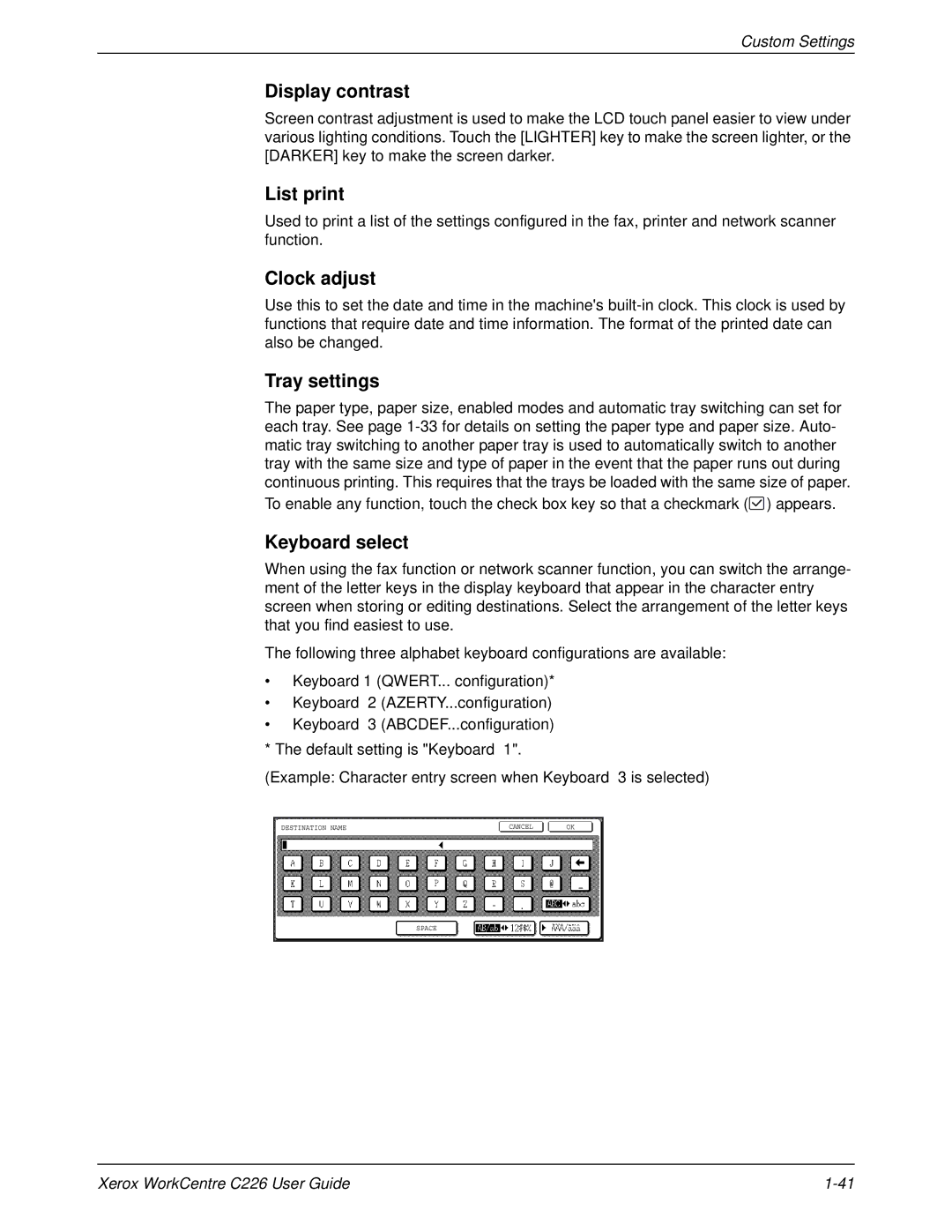 Xerox WorkCentre C226 manual Display contrast, List print, Clock adjust, Tray settings, Keyboard select 