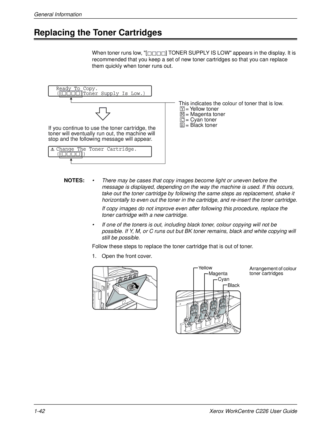 Xerox WorkCentre C226 manual Replacing the Toner Cartridges 