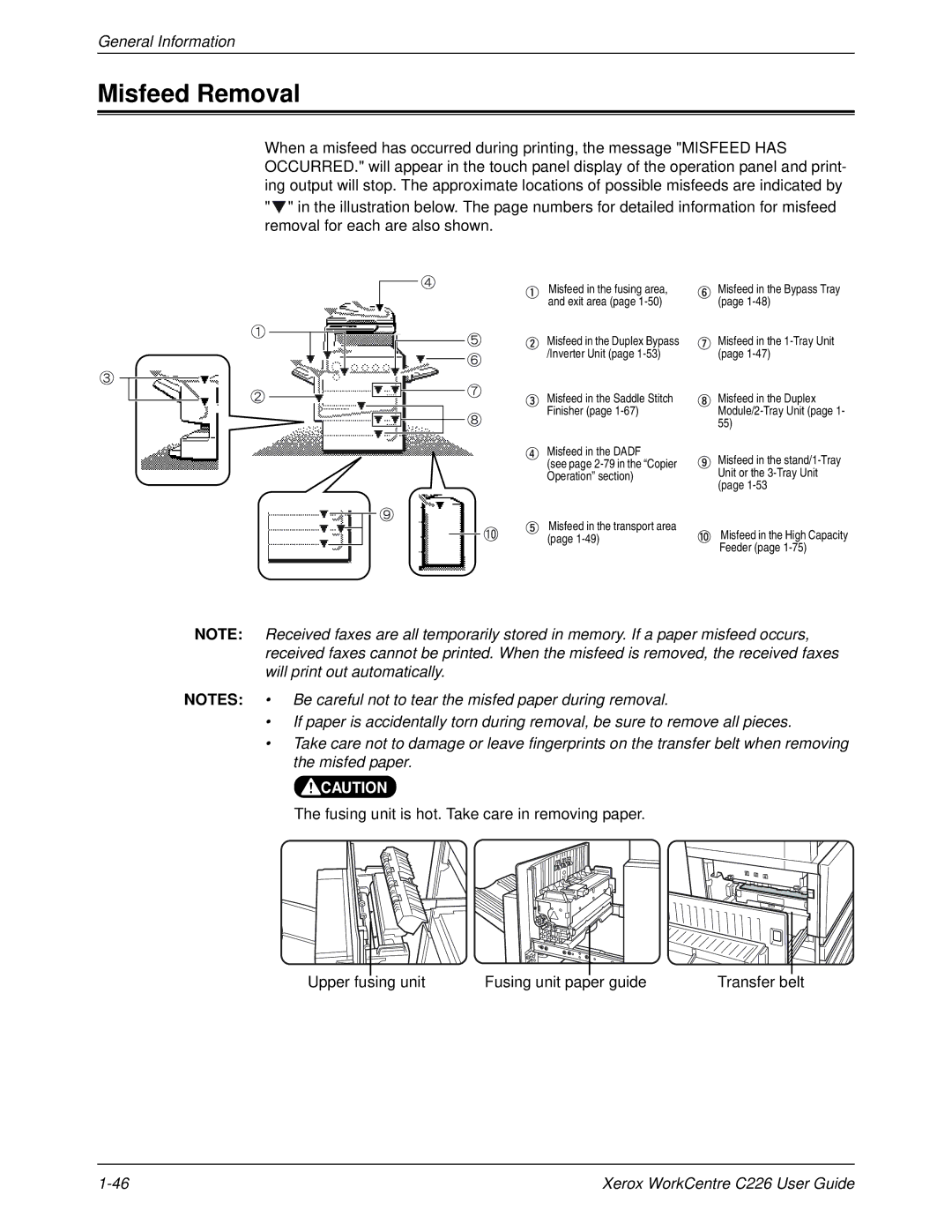 Xerox WorkCentre C226 manual Misfeed Removal 