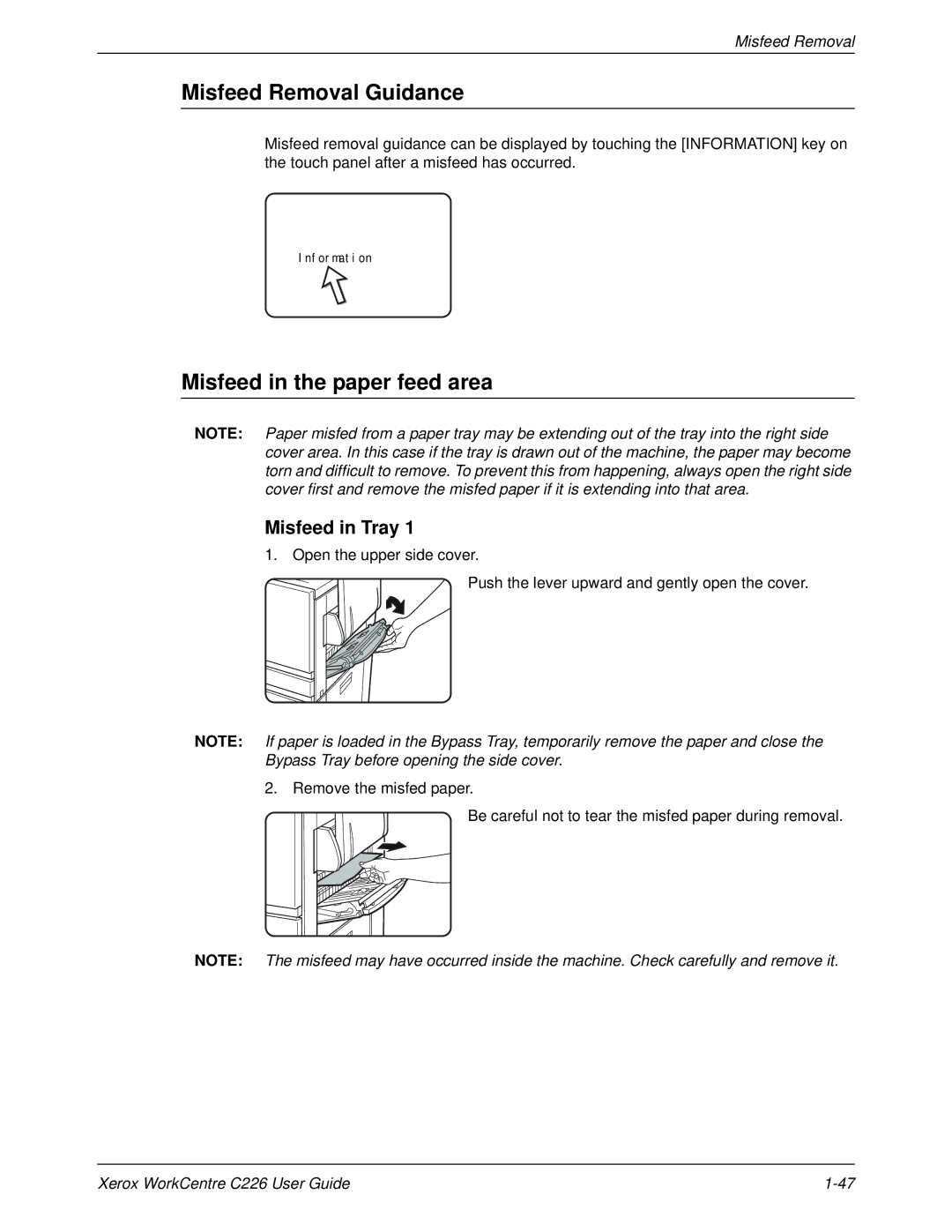 Xerox WorkCentre C226 manual Misfeed Removal Guidance, Misfeed in the paper feed area, Misfeed in Tray 