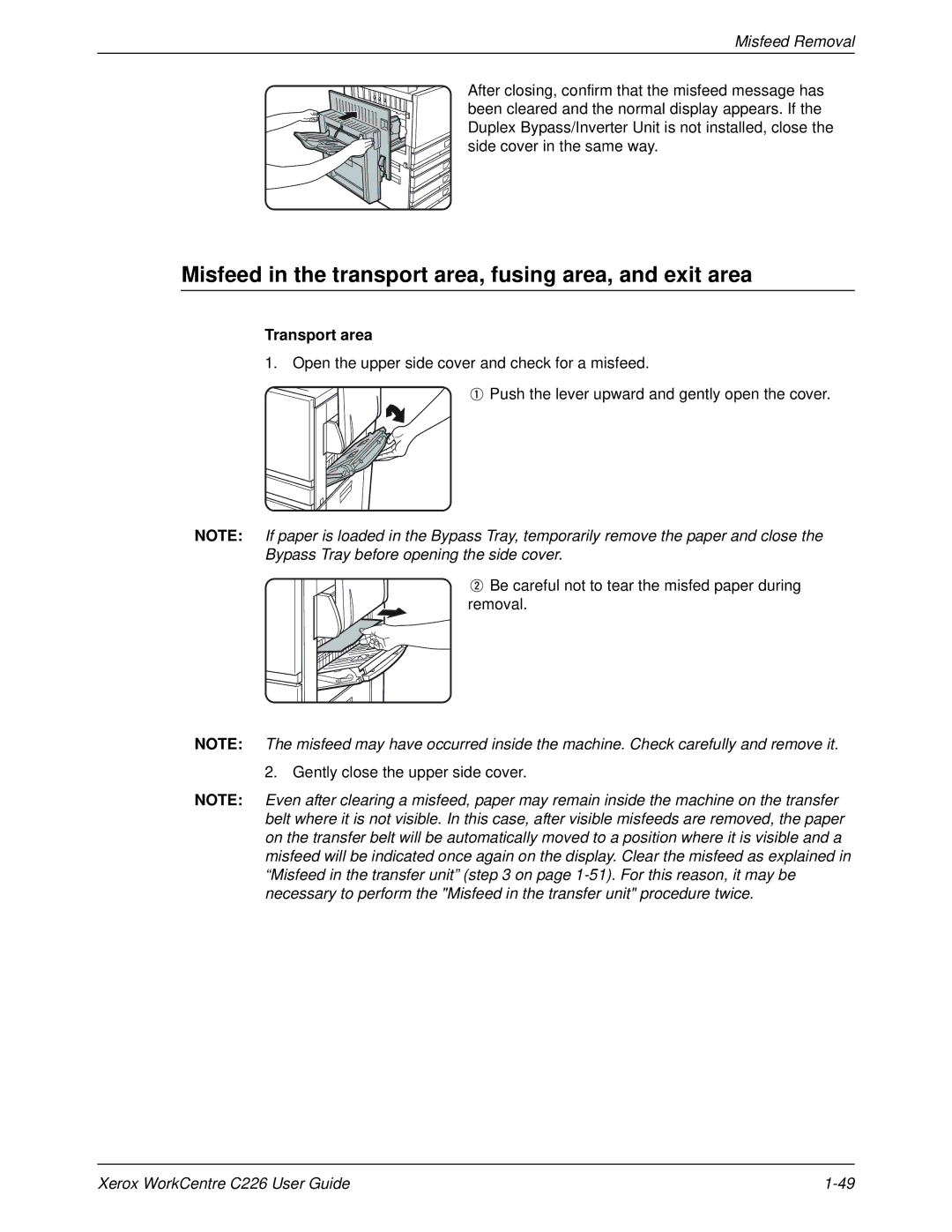 Xerox WorkCentre C226 manual Misfeed in the transport area, fusing area, and exit area, Transport area 