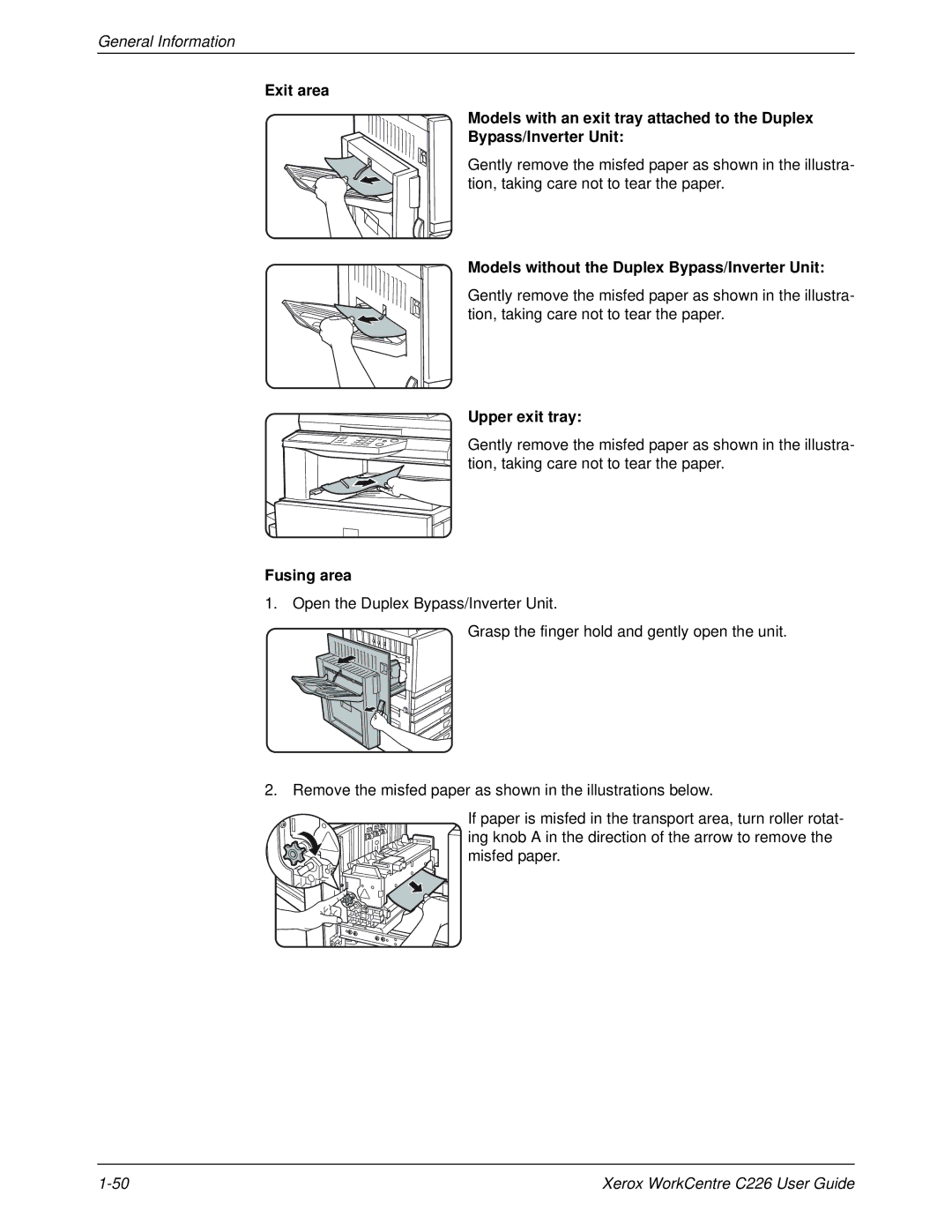 Xerox WorkCentre C226 manual Models without the Duplex Bypass/Inverter Unit, Upper exit tray, Fusing area 