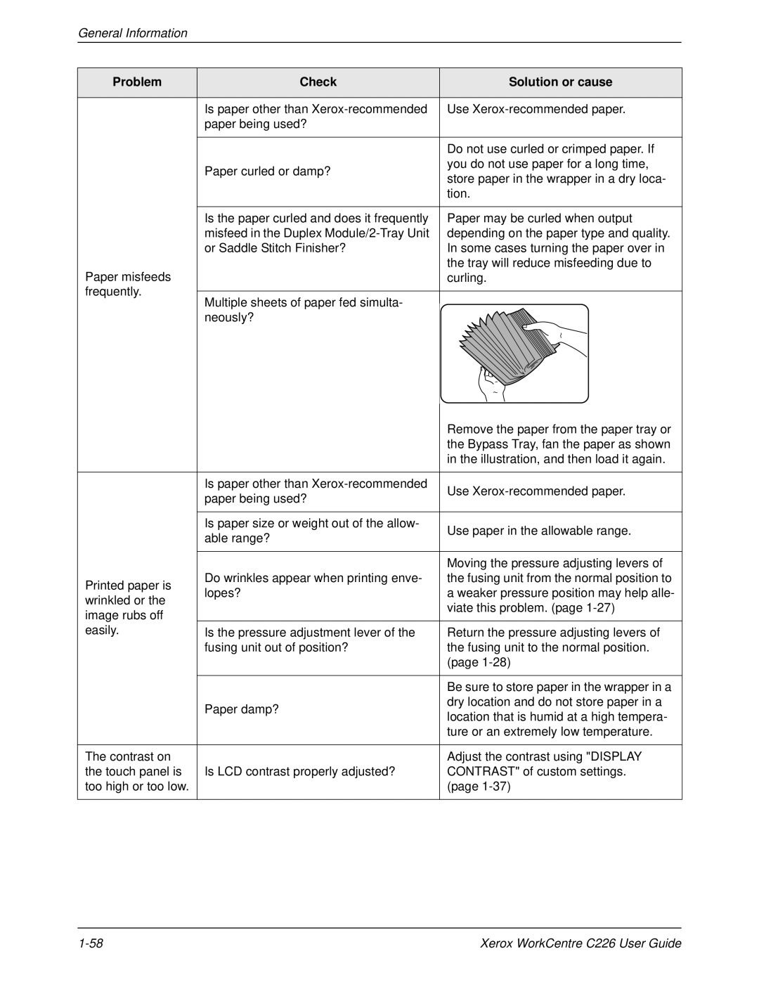 Xerox WorkCentre C226 manual Problem Check Solution or cause 