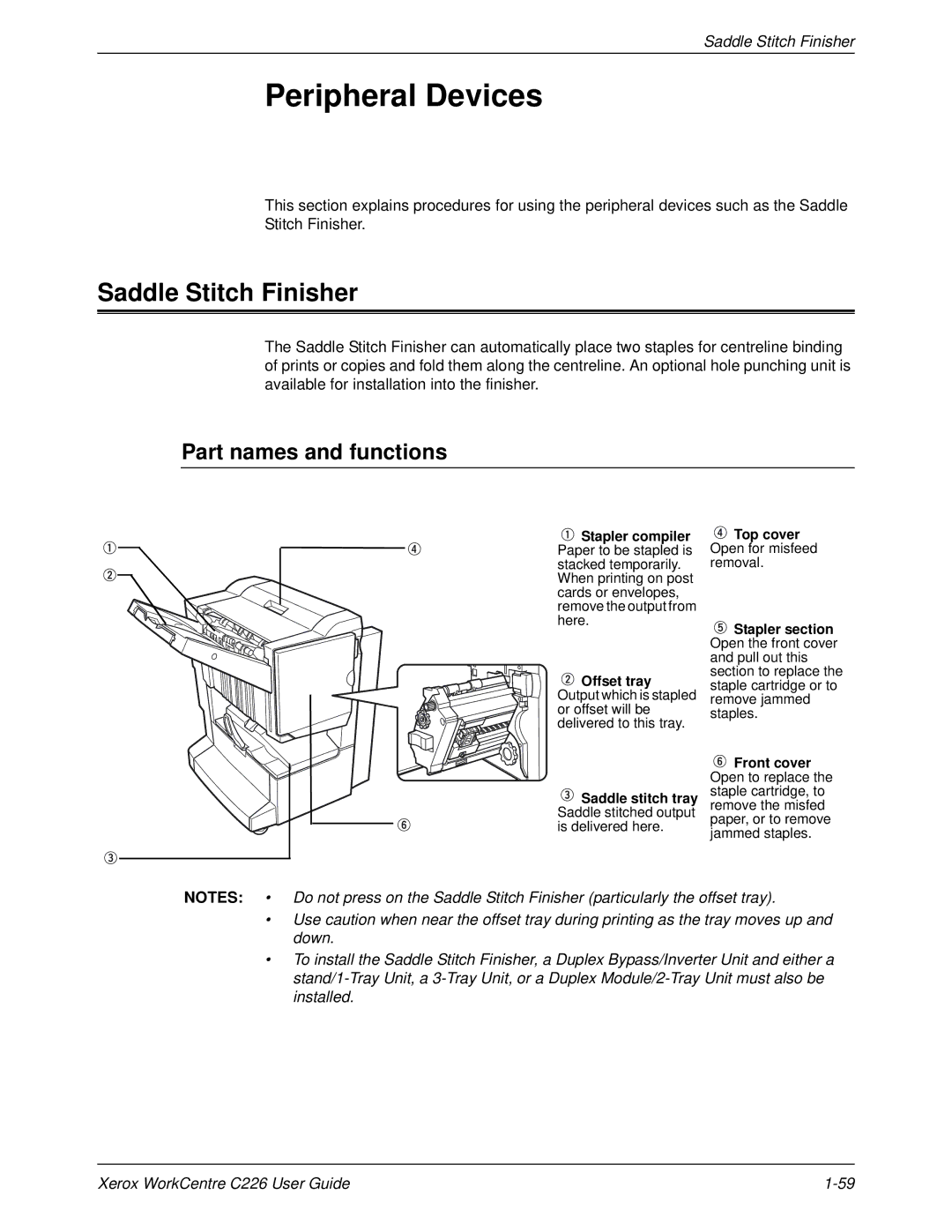 Xerox WorkCentre C226 manual Peripheral Devices, Saddle Stitch Finisher, Part names and functions 