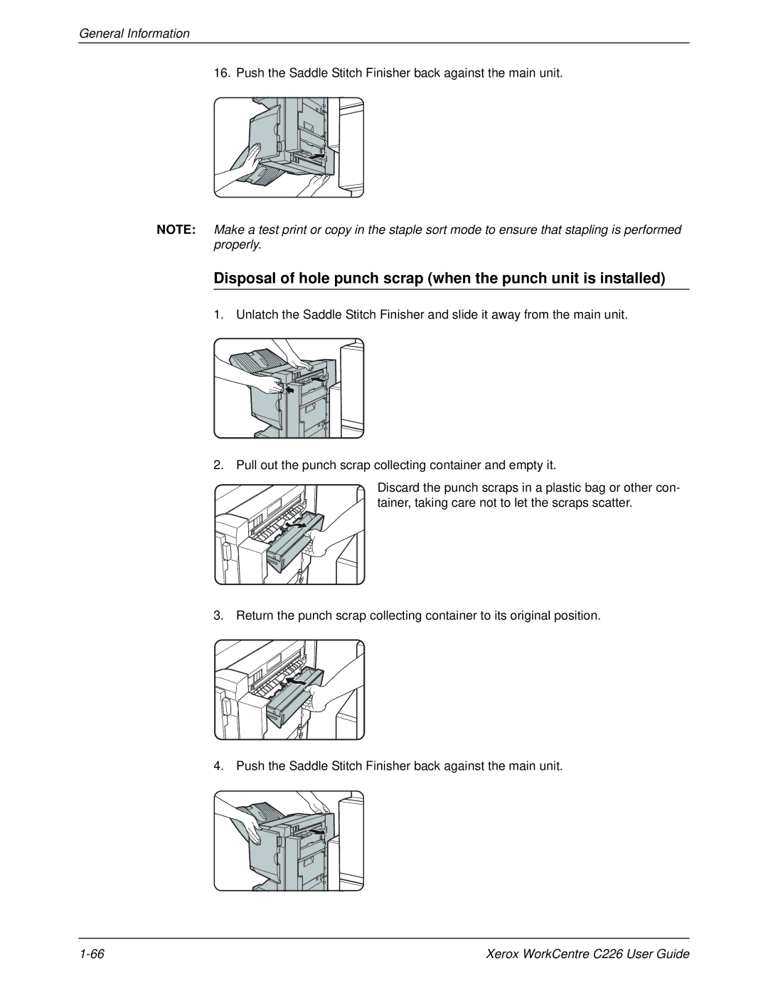 Xerox WorkCentre C226 manual Push the Saddle Stitch Finisher back against the main unit 