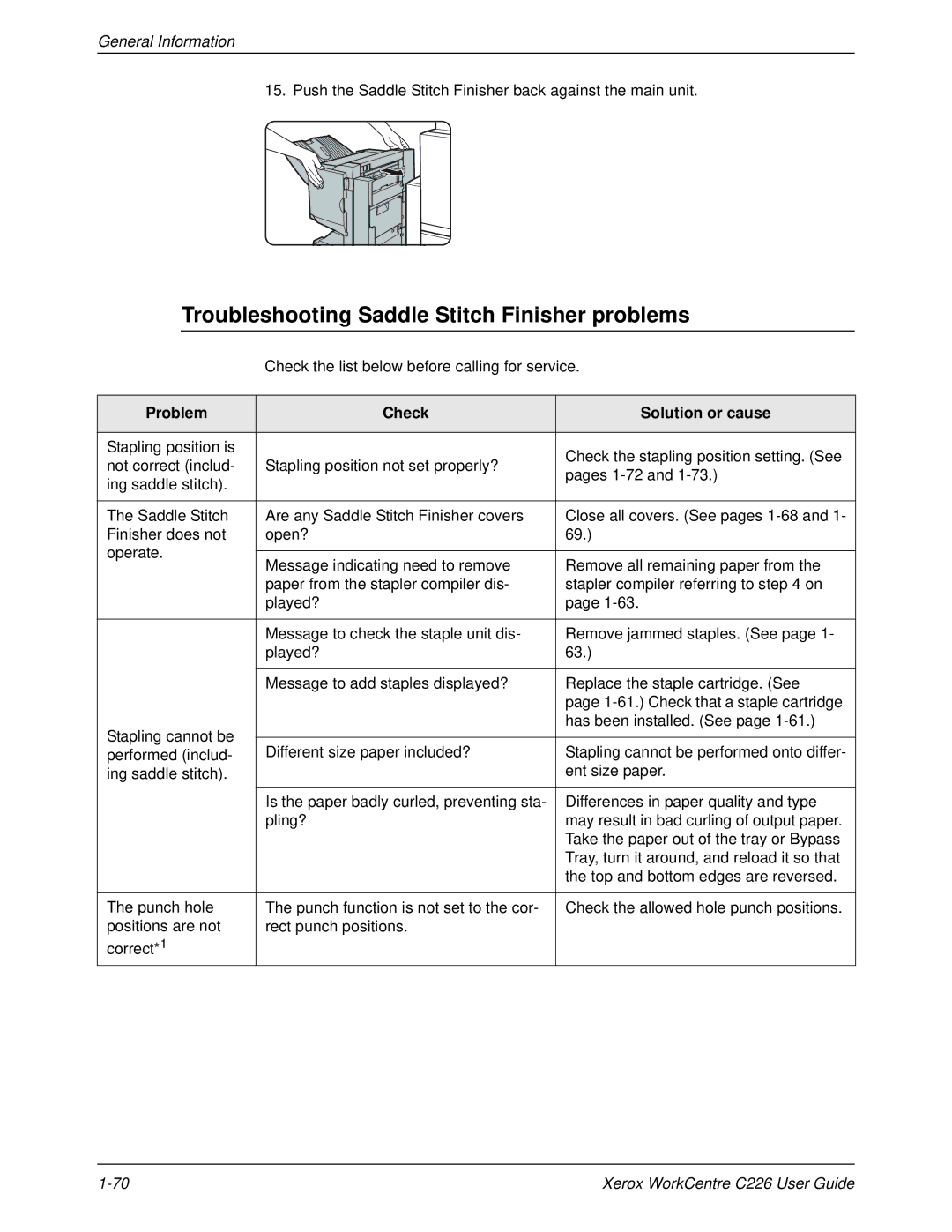 Xerox WorkCentre C226 Troubleshooting Saddle Stitch Finisher problems, Check the list below before calling for service 