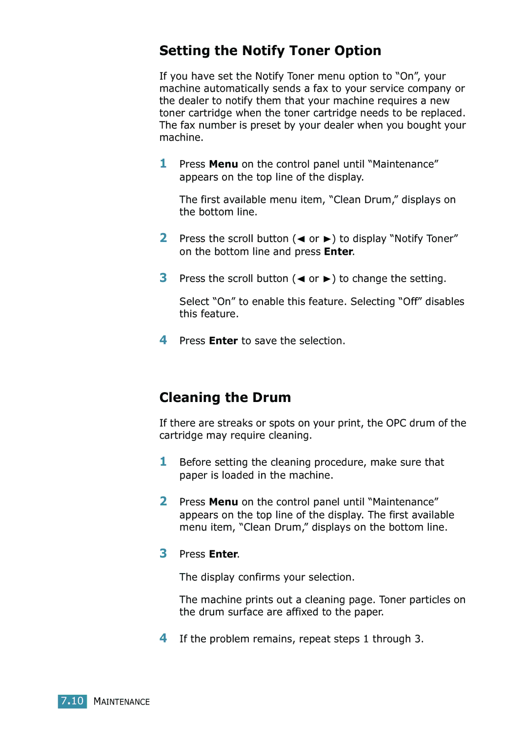 Xerox WorkCentre PE16 manual Setting the Notify Toner Option, Cleaning the Drum 